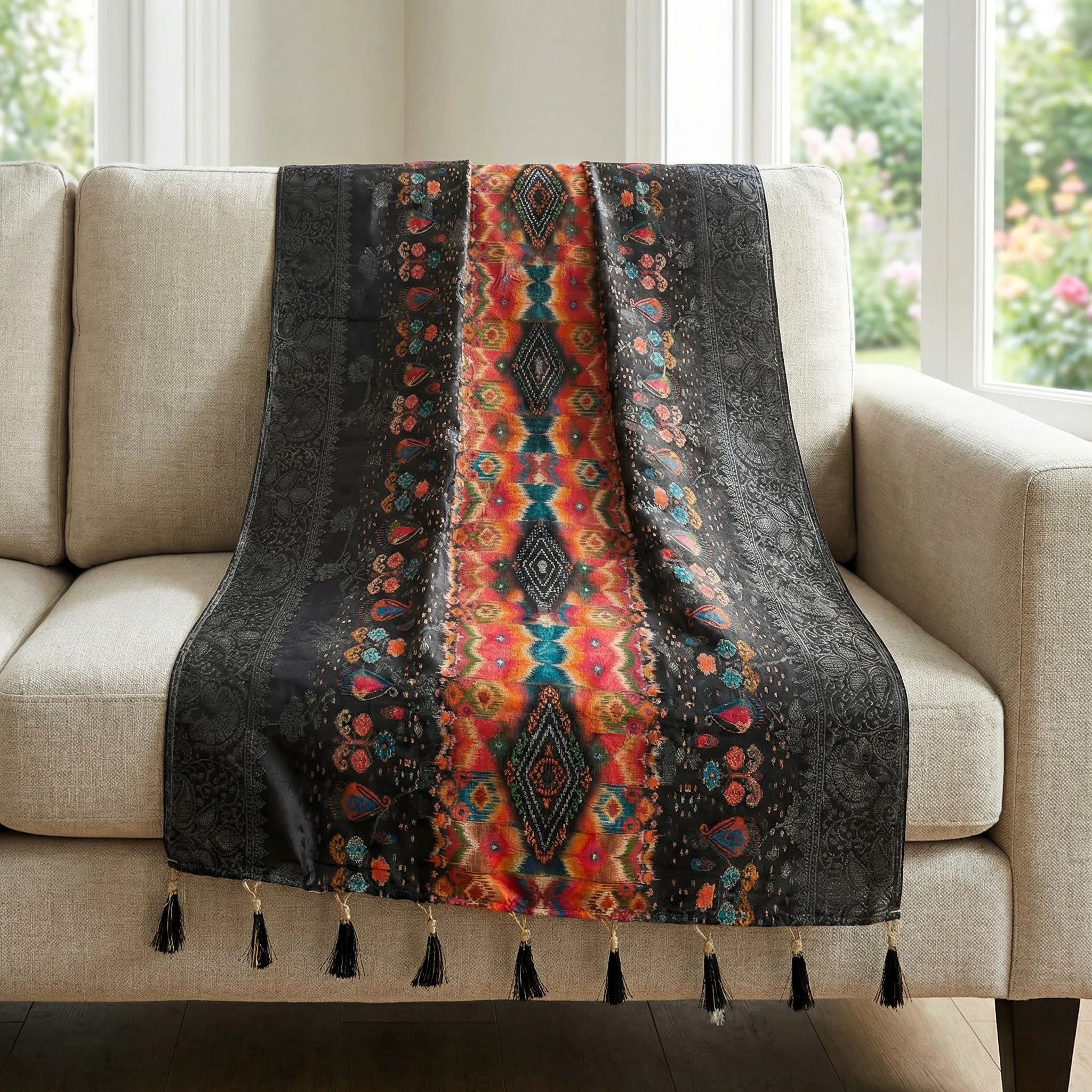 Black Tribal Ikat Print Jacquard Silk Designer Dupatta