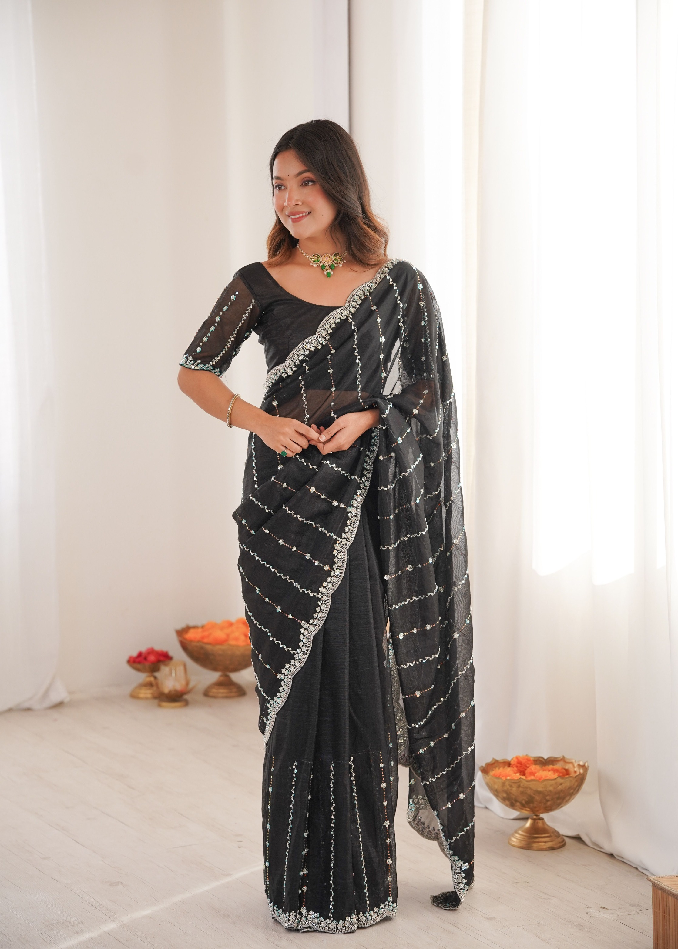 Black Two Tone Sequin N Cut Dana Work Twill Net Saree