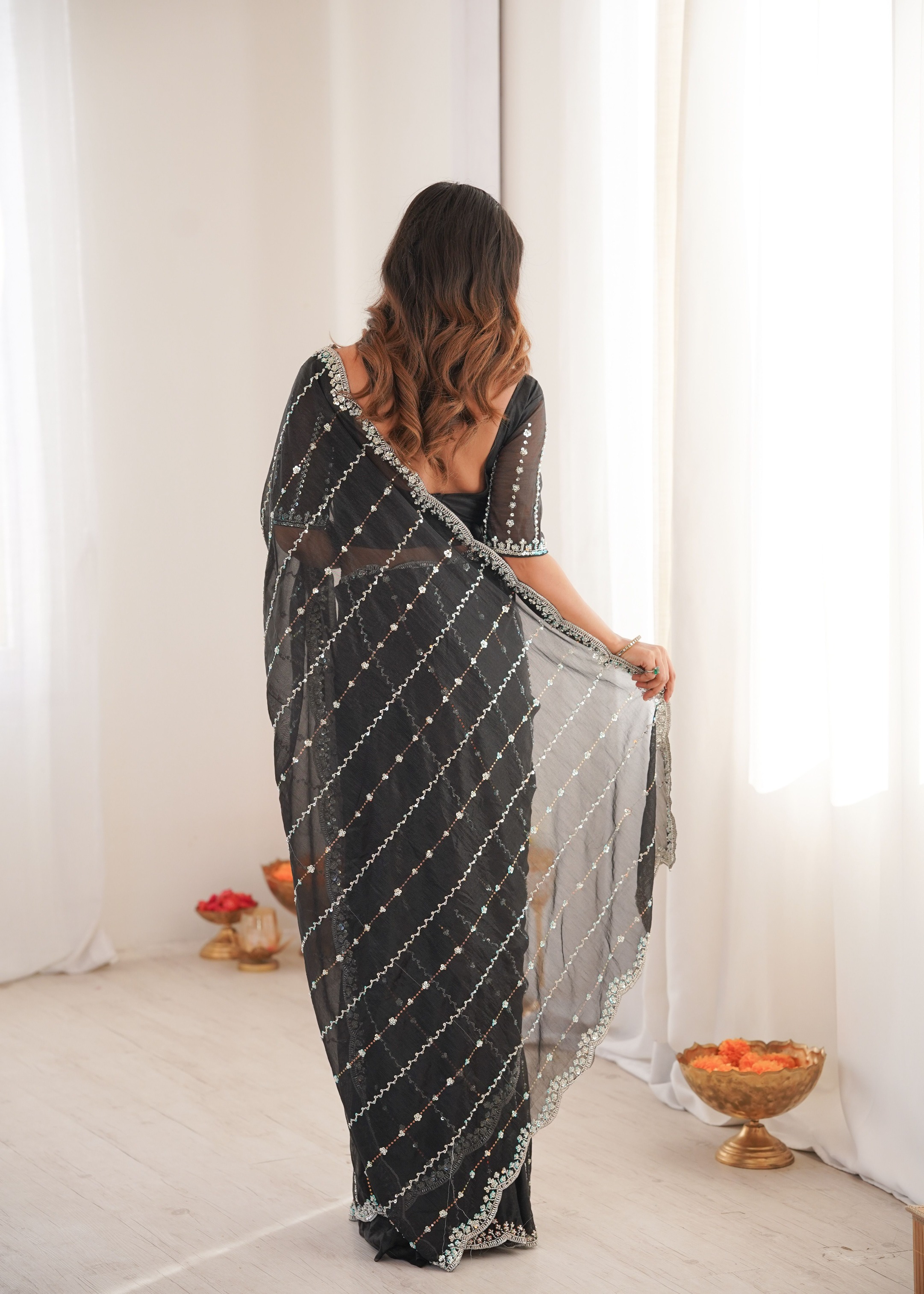 Black Two Tone Sequin N Cut Dana Work Twill Net Saree — alternate view