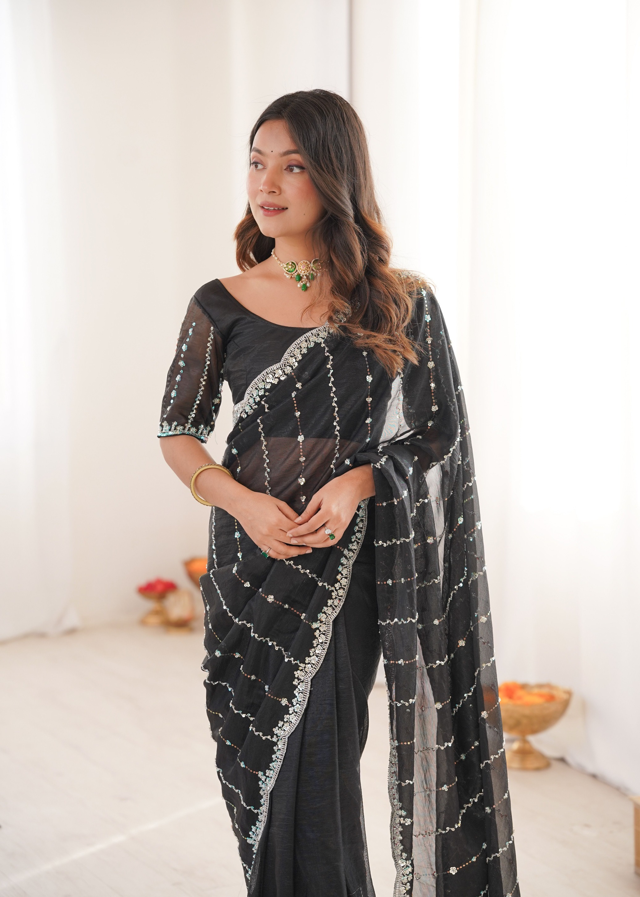 Black Two Tone Sequin N Cut Dana Work Twill Net Saree