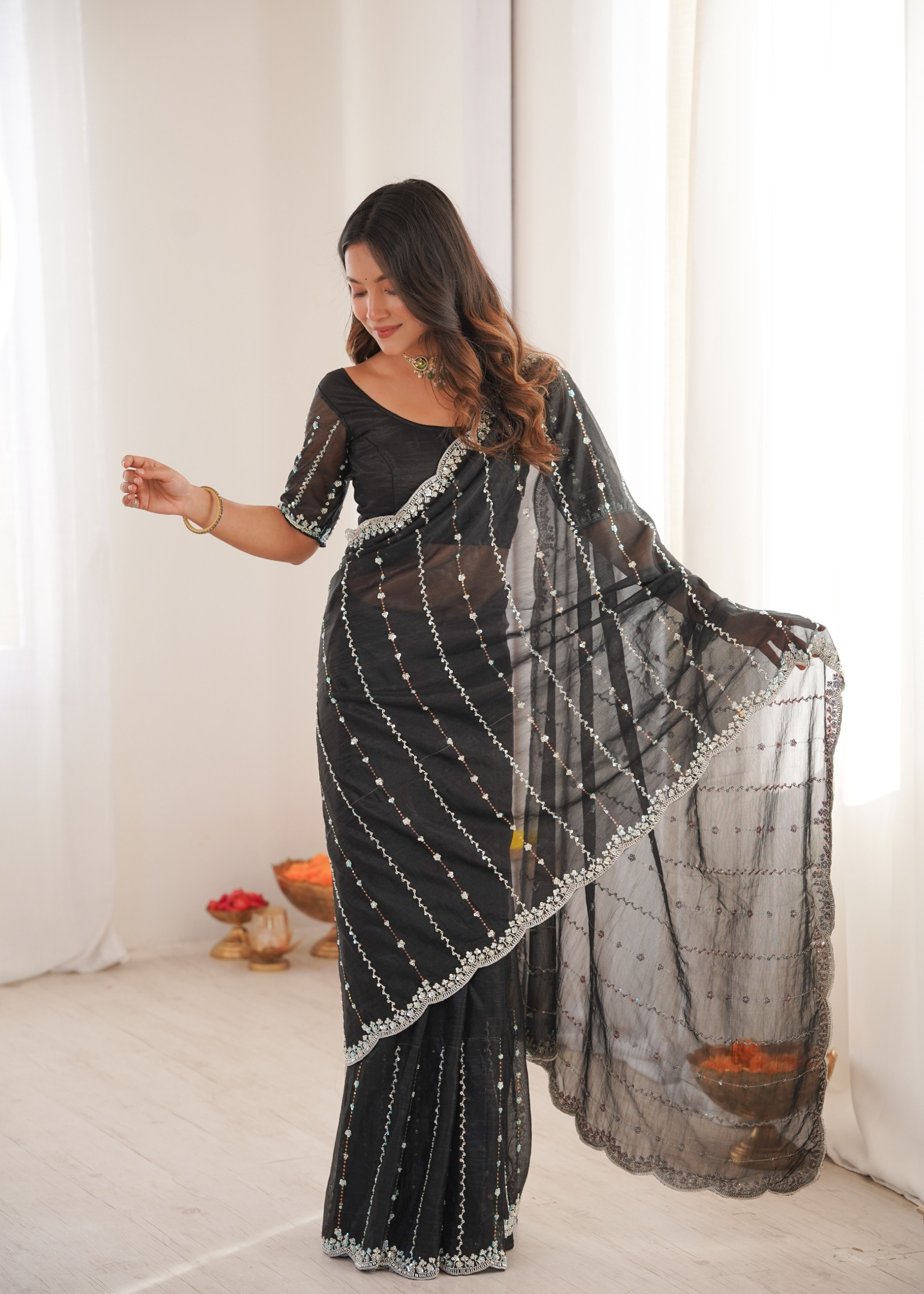 Black Two Tone Sequin N Cut Dana Work Twill Net Saree