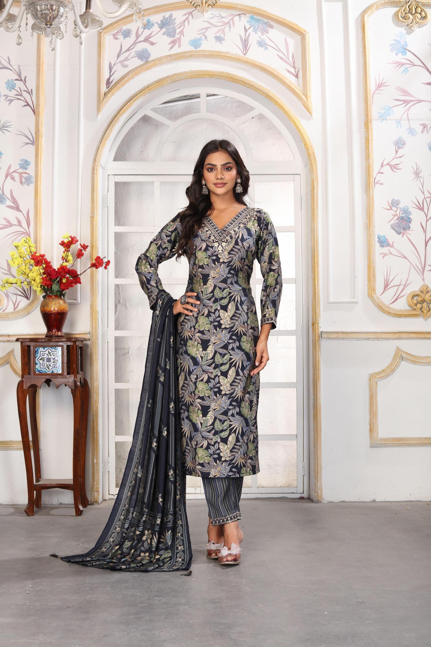 Black V Neck Chanderi Readymade Suits