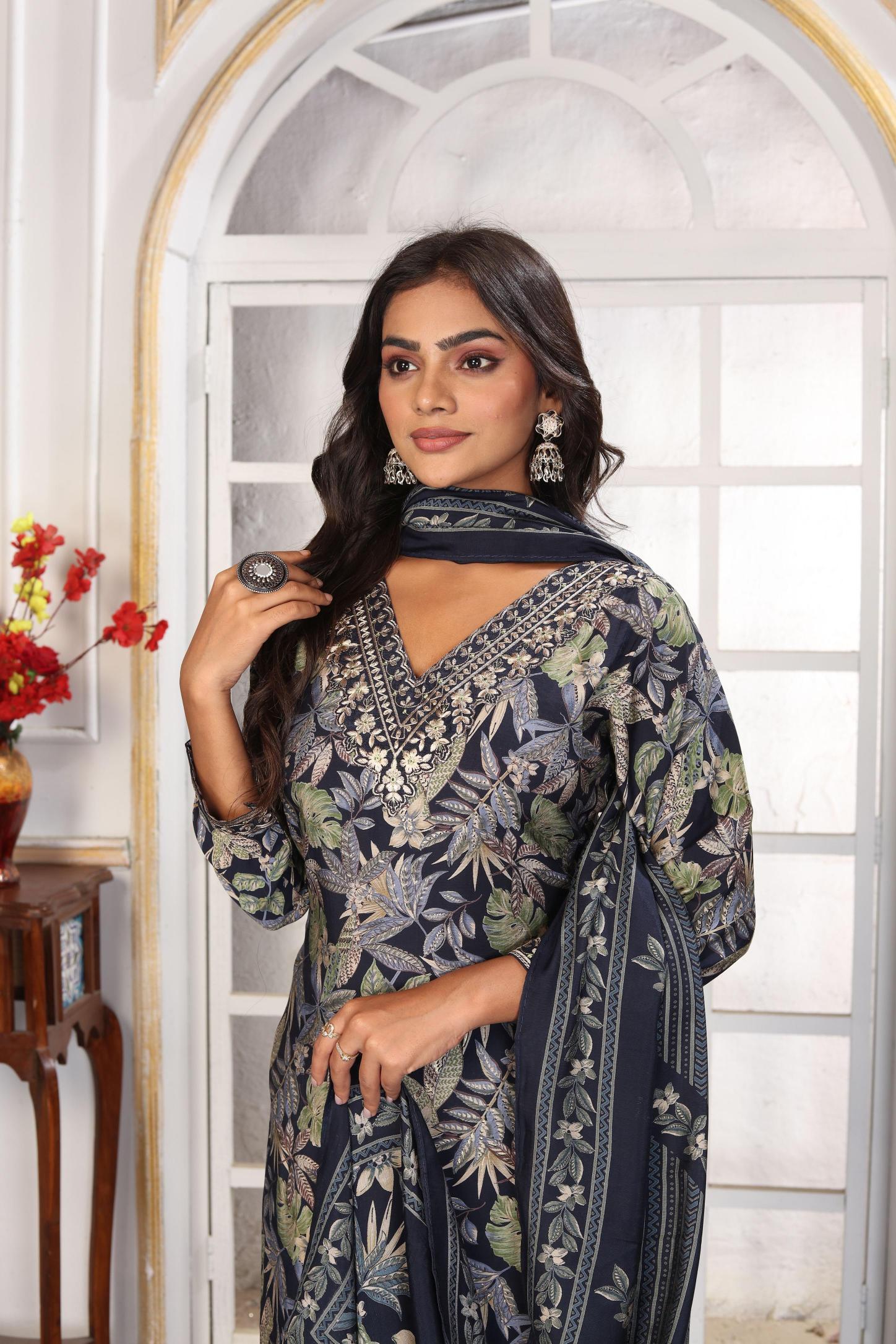 Black V Neck Chanderi Readymade Suits