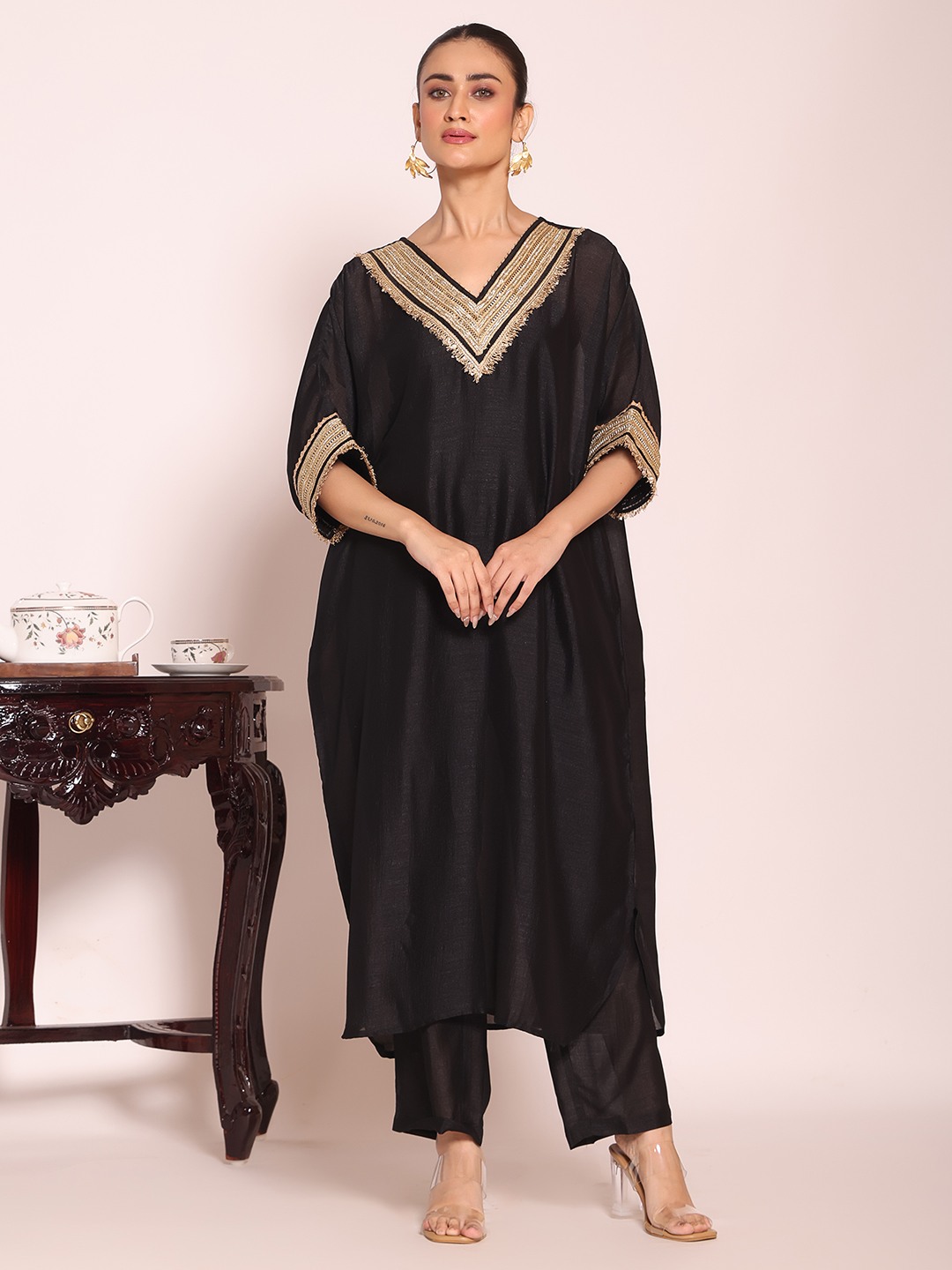 Black V-Neck Kaftan Style Poly Silk Kurti Set