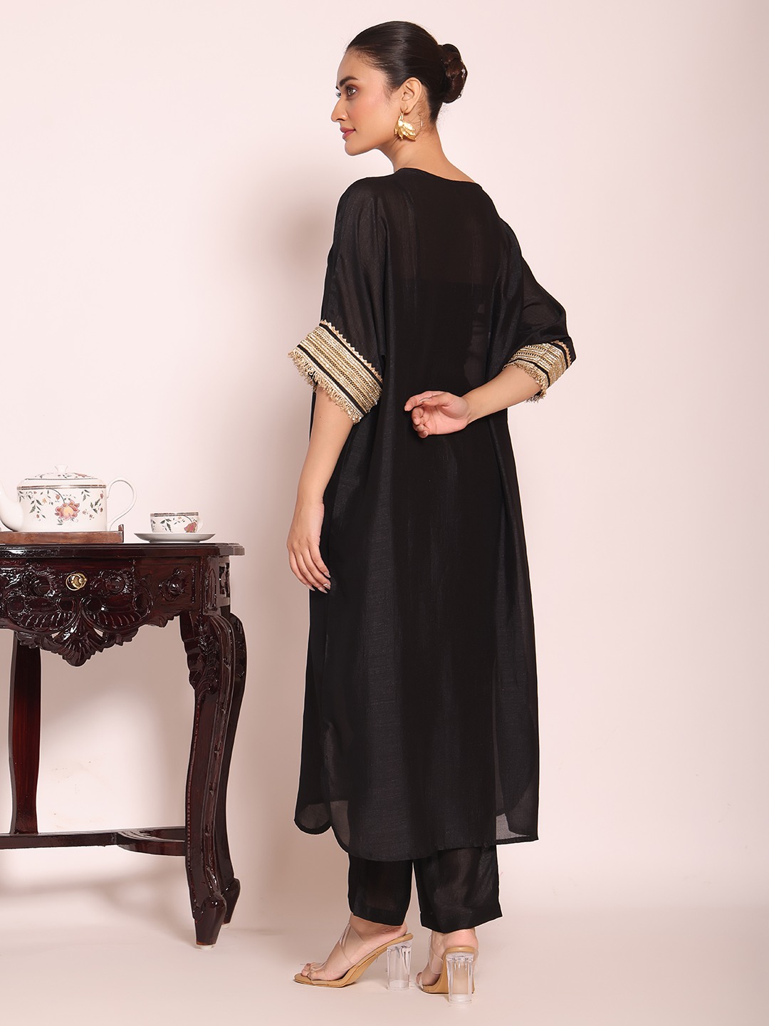 Black V-Neck Kaftan Style Poly Silk Kurti Set — alternate view