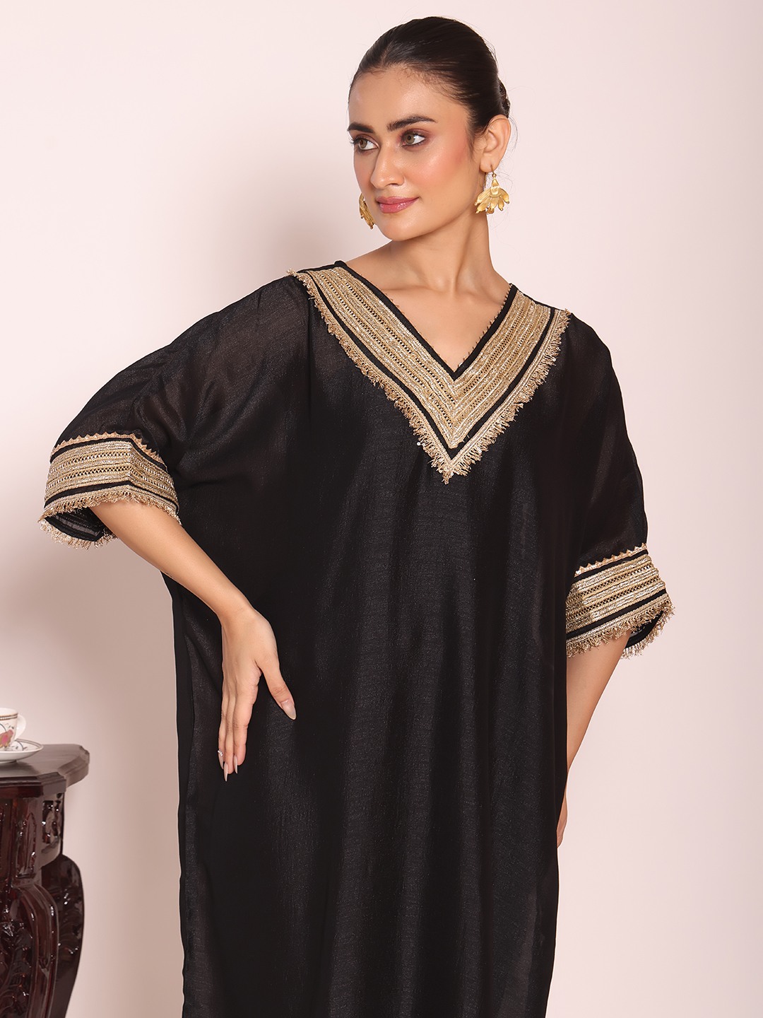 Black V-Neck Kaftan Style Poly Silk Kurti Set