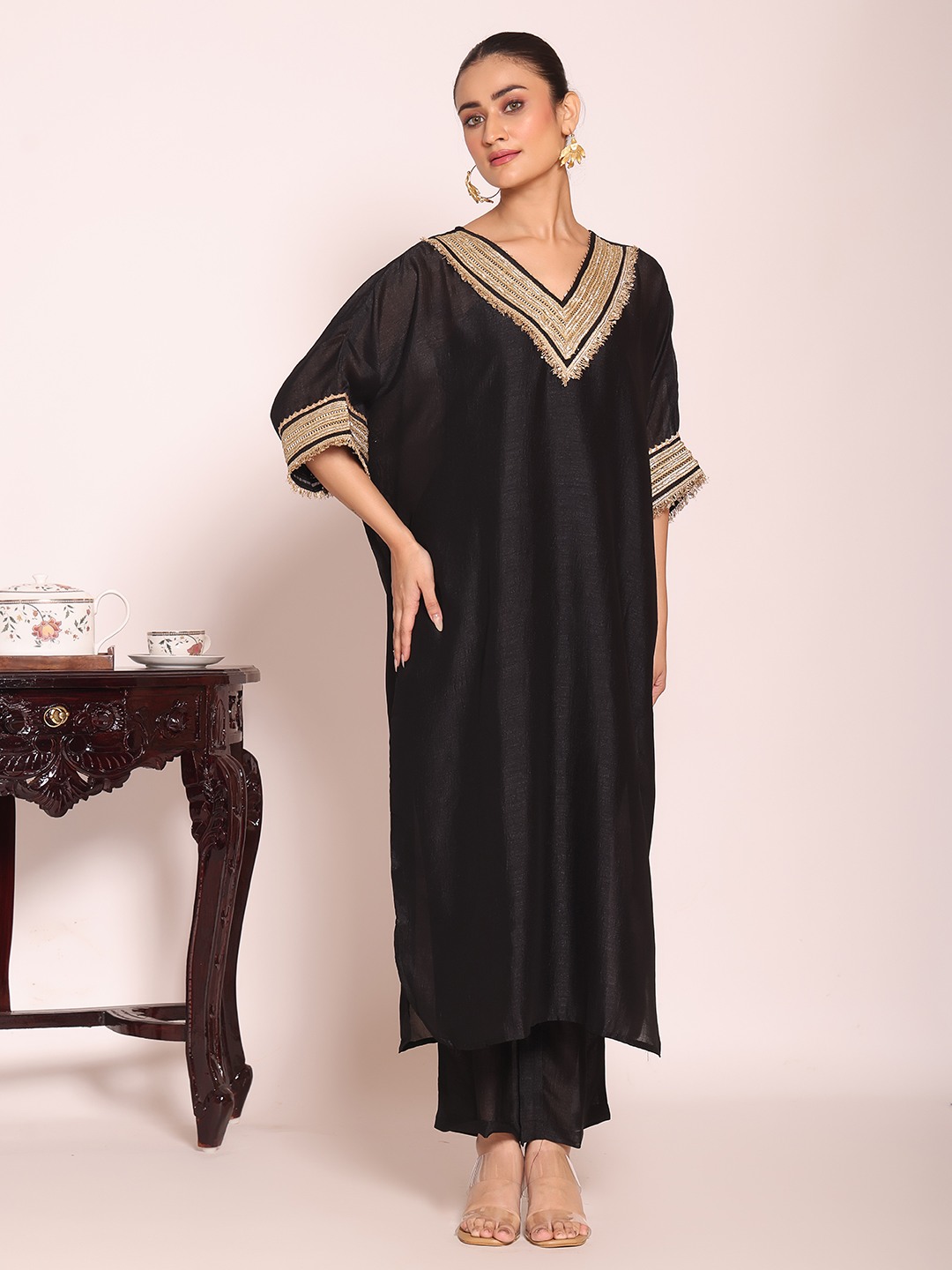 Black V-Neck Kaftan Style Poly Silk Kurti Set
