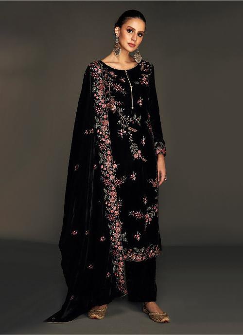 Black Velvet Embroidered Palazzo Suit