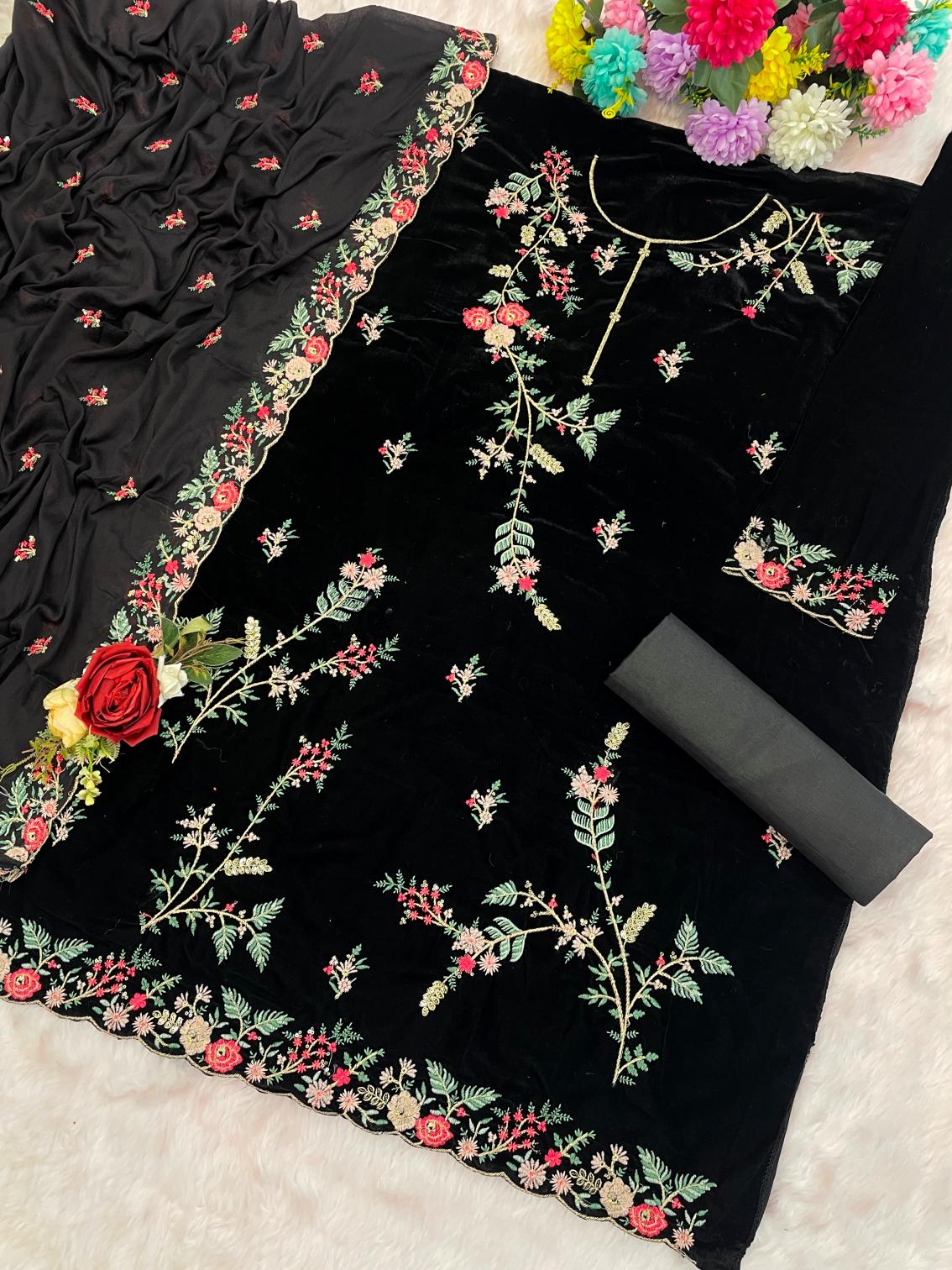 Black Velvet Embroidered Palazzo Suit