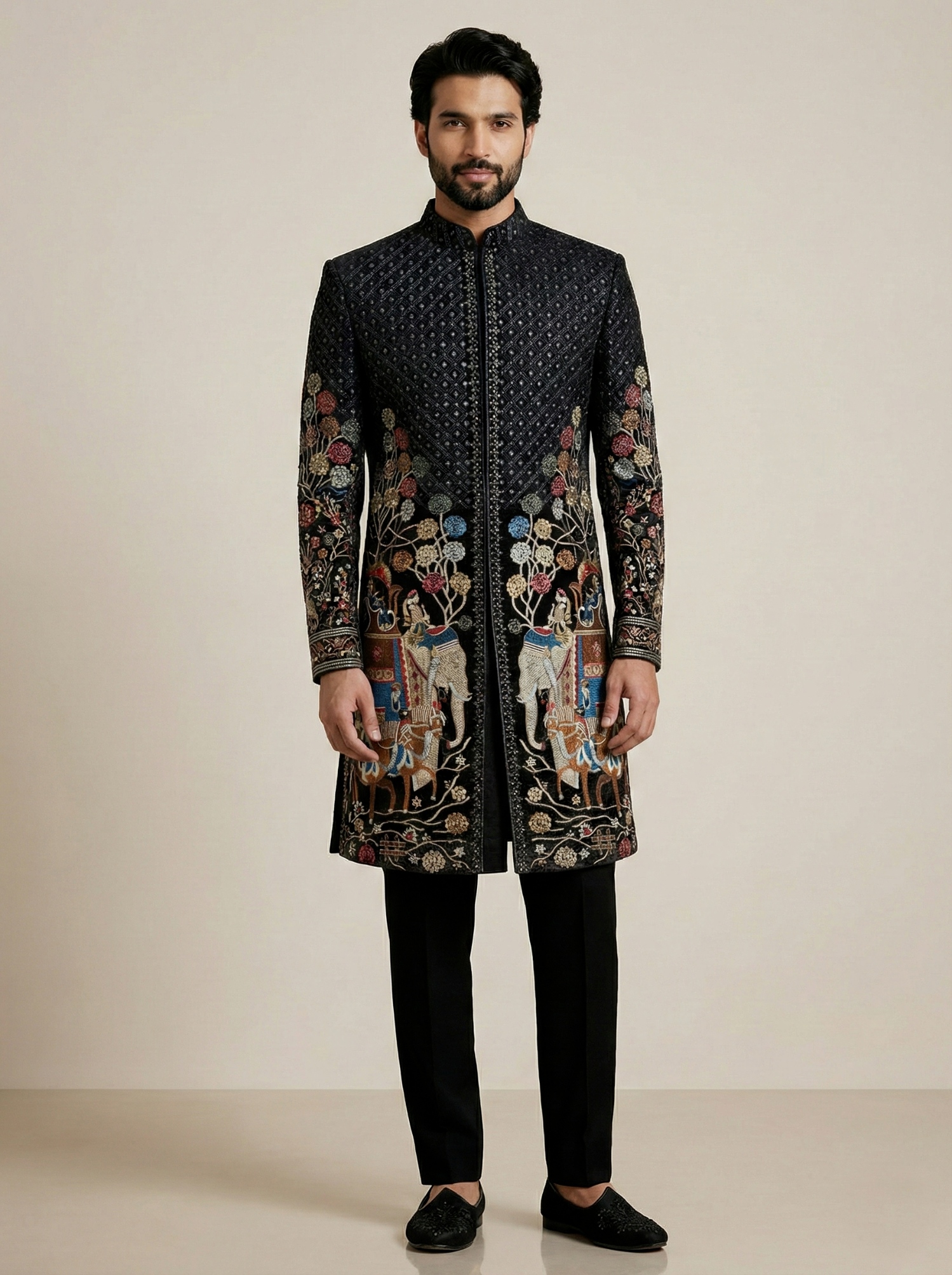 Black Velvet Thread Embroidery Indo-Western Sherwani