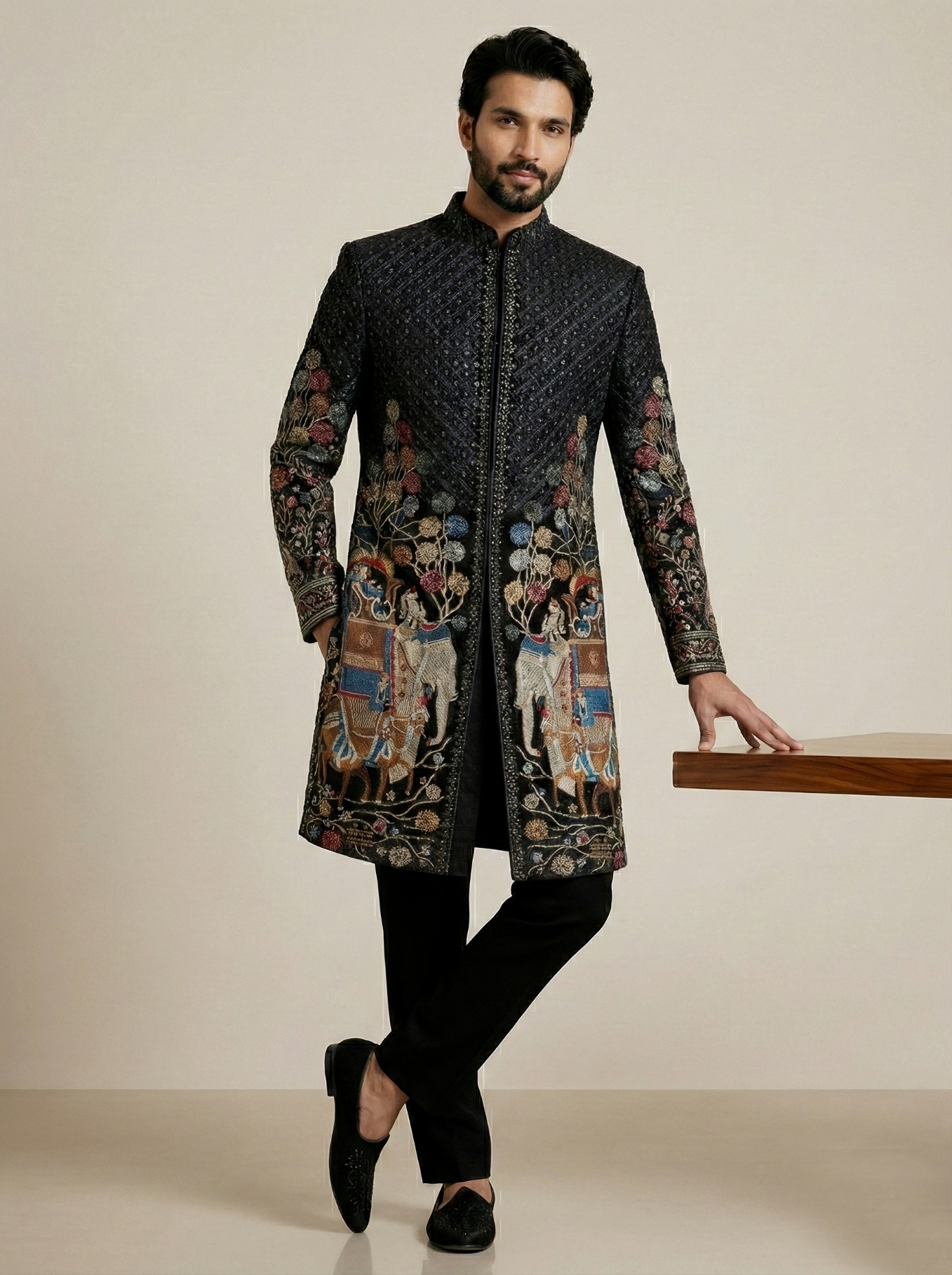 Black Velvet Thread Embroidery Indo-Western Sherwani — alternate view