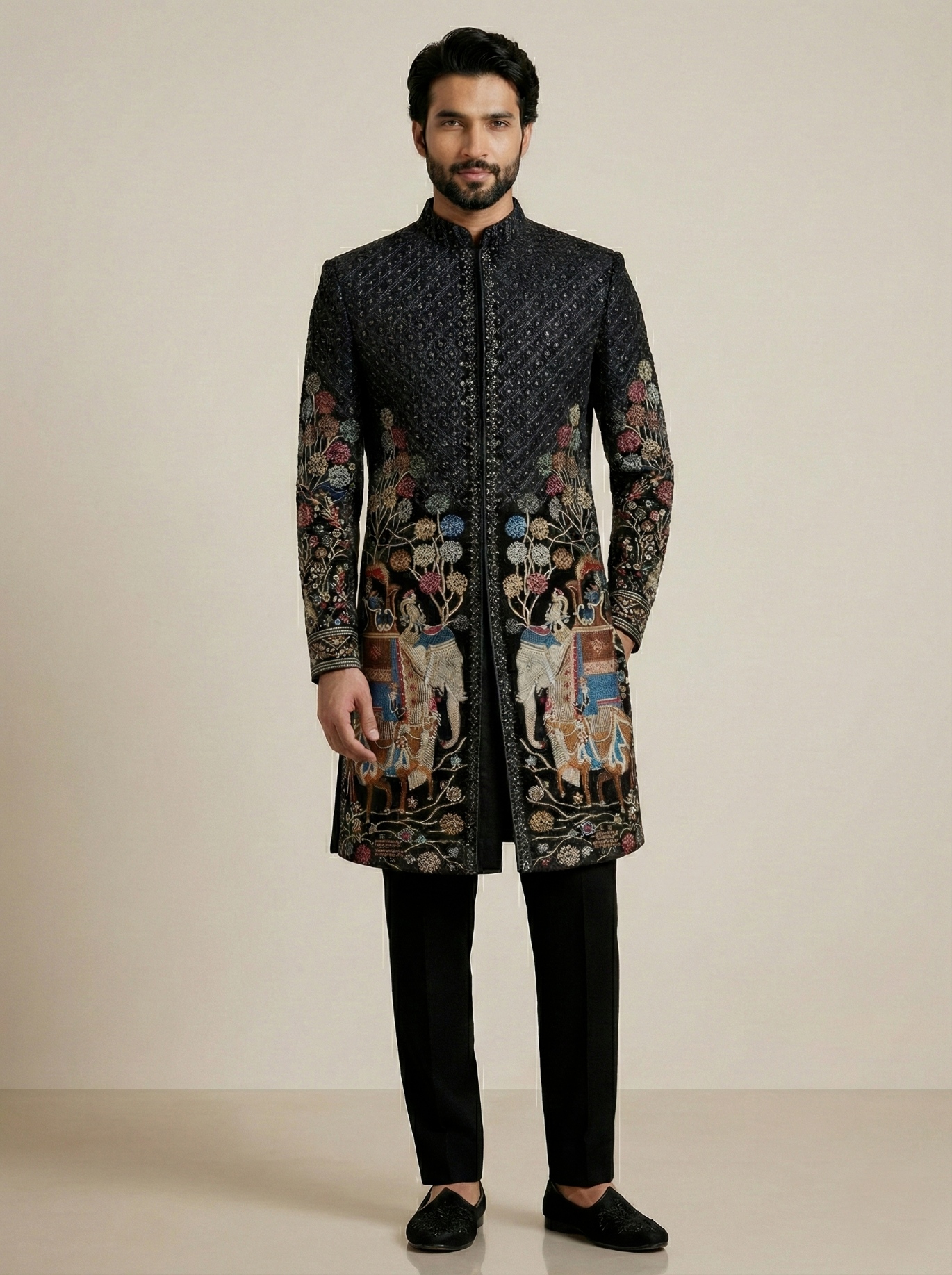 Black Velvet Thread Embroidery Indo-Western Sherwani