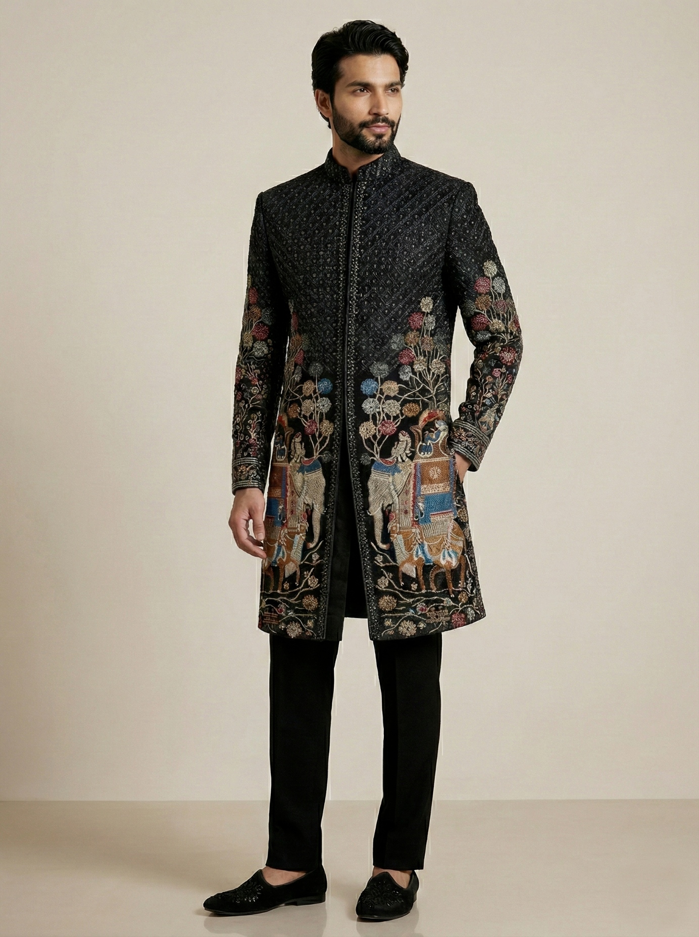Black Velvet Thread Embroidery Indo-Western Sherwani