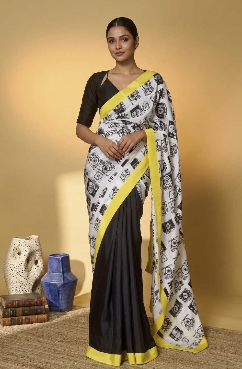 Black Vintage Camera Print Satin Ready-to-Wear Saree