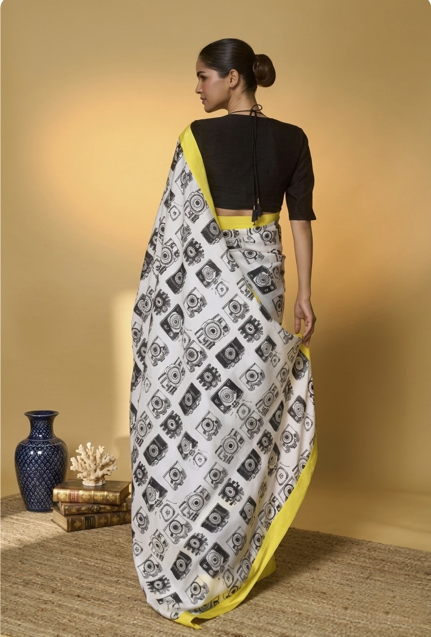 Black Vintage Camera Print Satin Ready-to-Wear Saree — alternate view