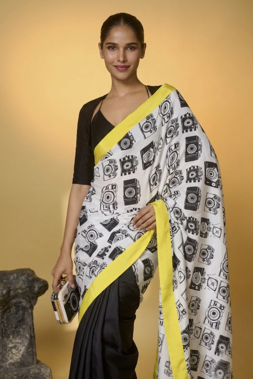 Black Vintage Camera Print Satin Ready-to-Wear Saree