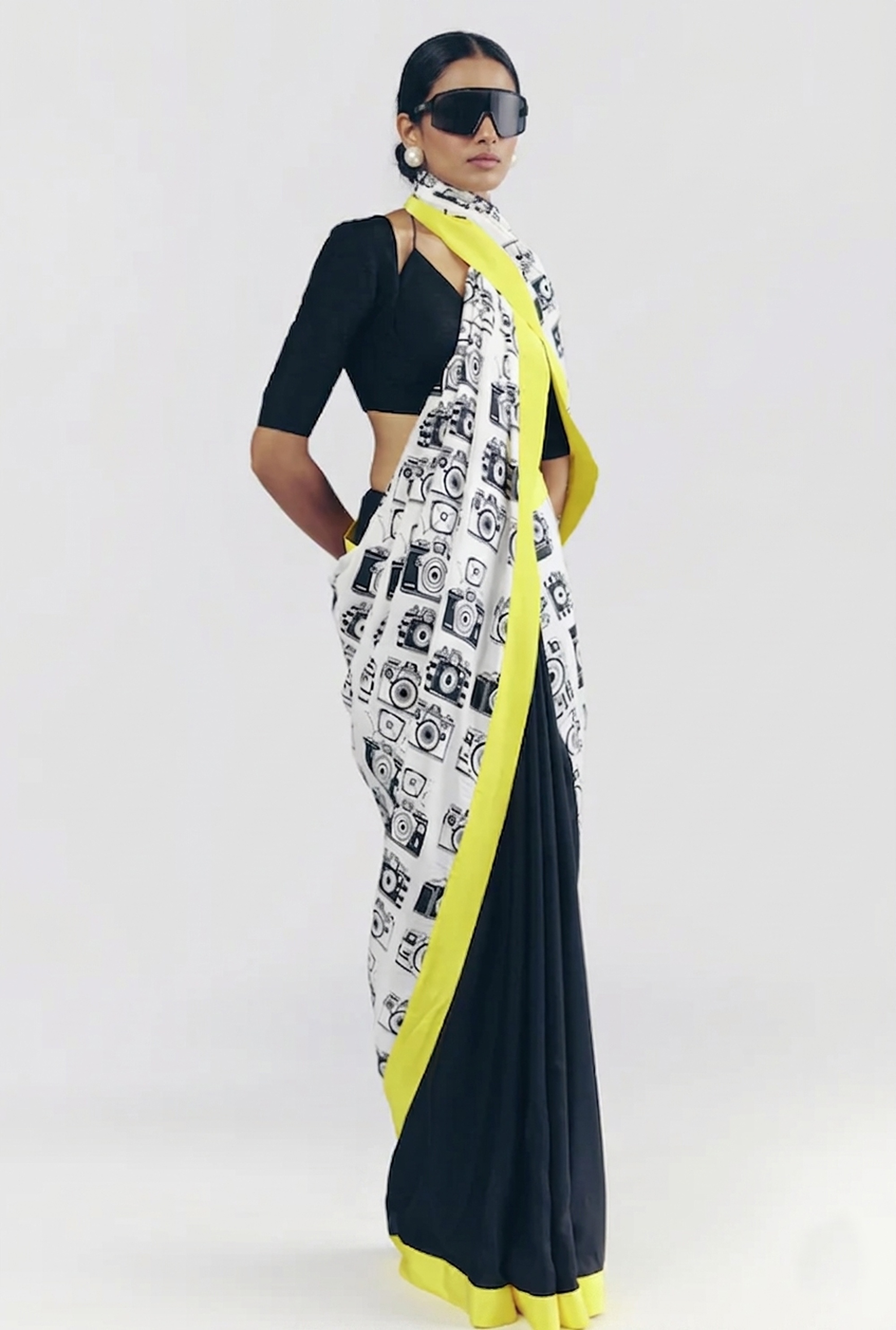 Black Vintage Camera Print Satin Ready-to-Wear Saree