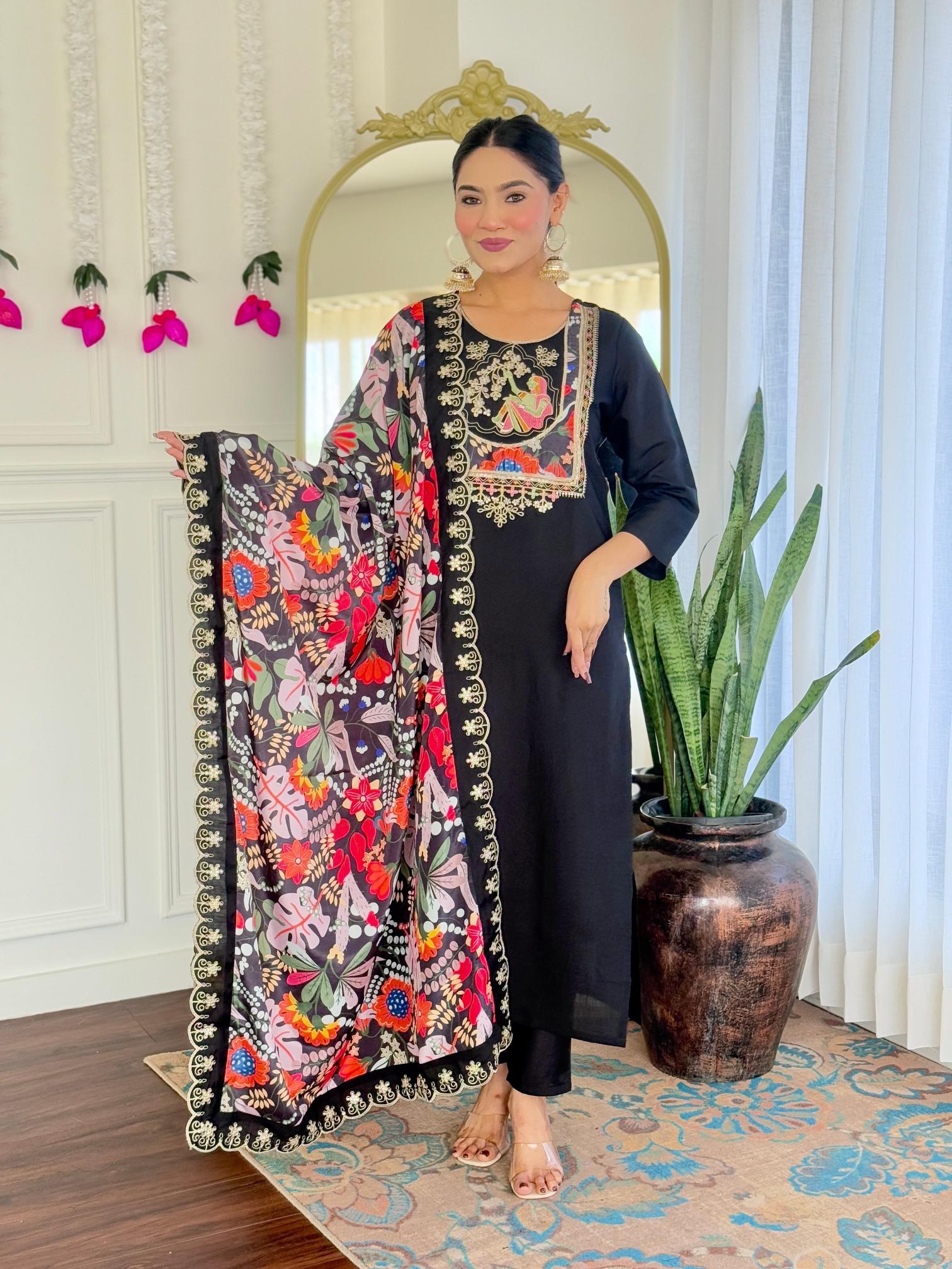 Black Viscose Chanderi Readymade Suits