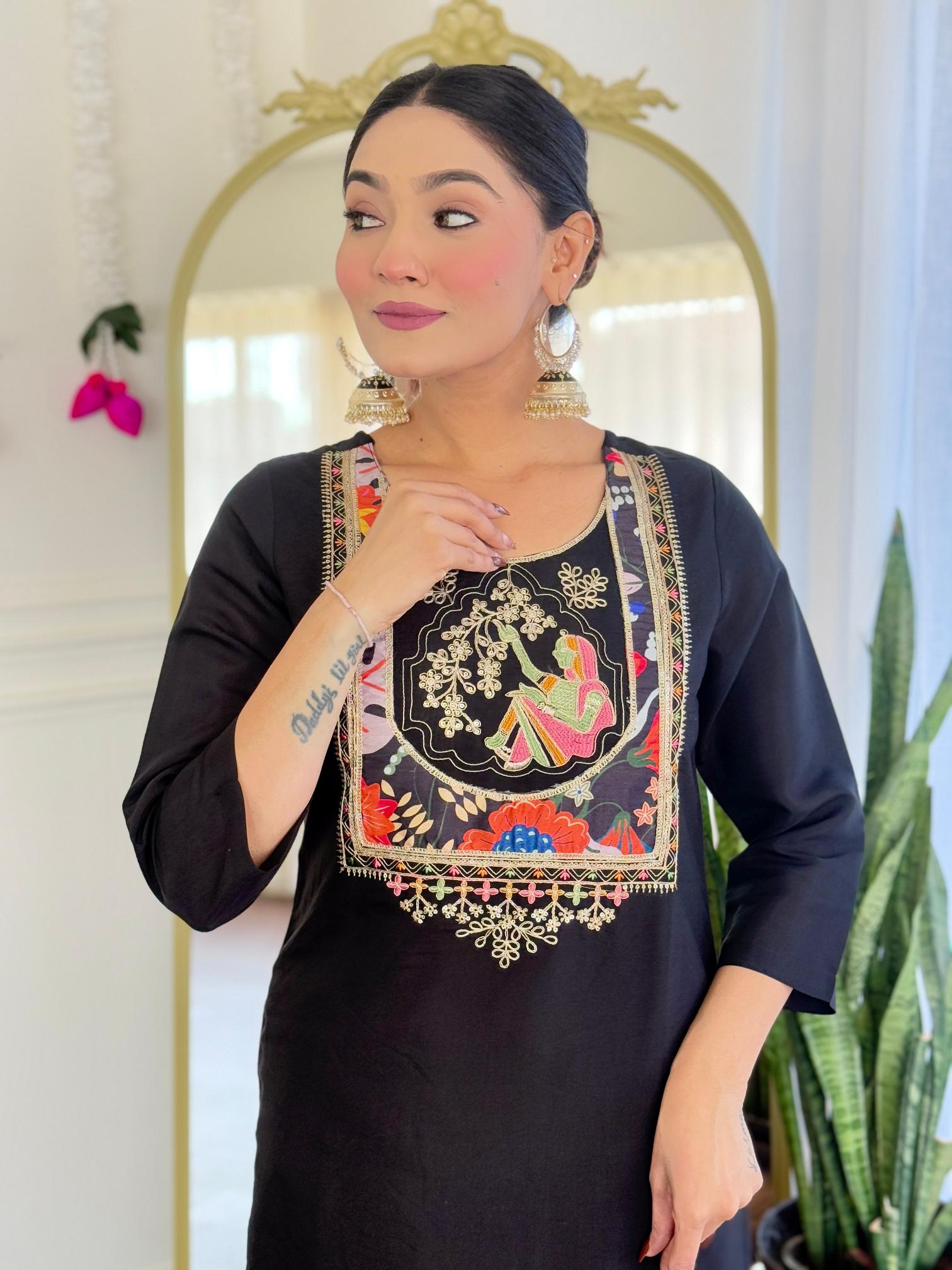 Black Viscose Chanderi Readymade Suits