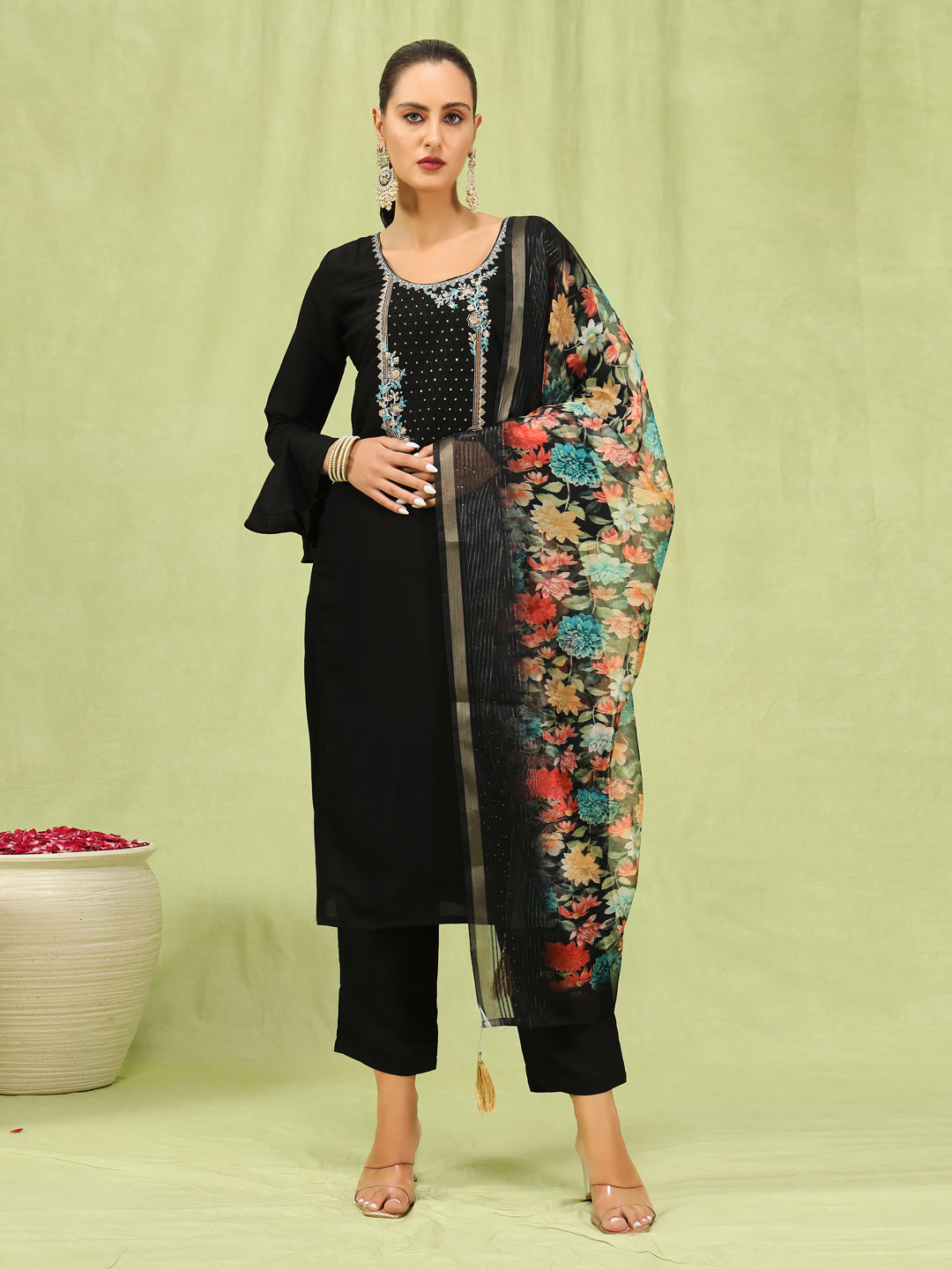 Black Viscose Roman Silk Embroidered Salwar Suit
