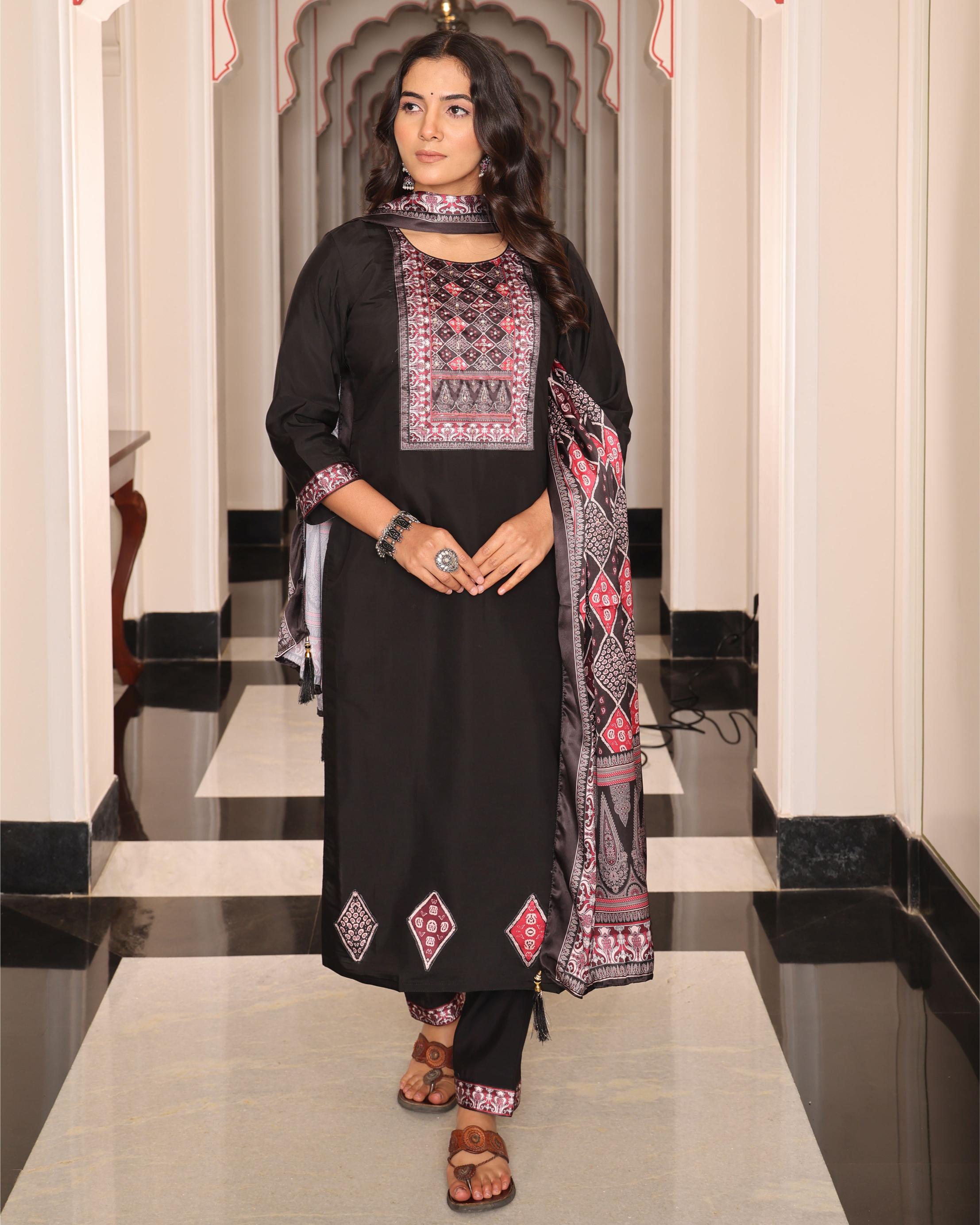 Black Viscose Shimmer Embroidered Readymade Suit