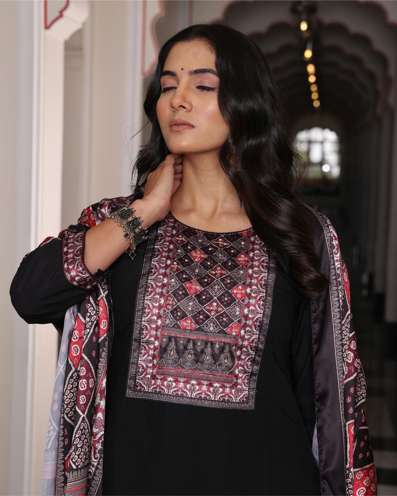 Black Viscose Shimmer Embroidered Readymade Suit