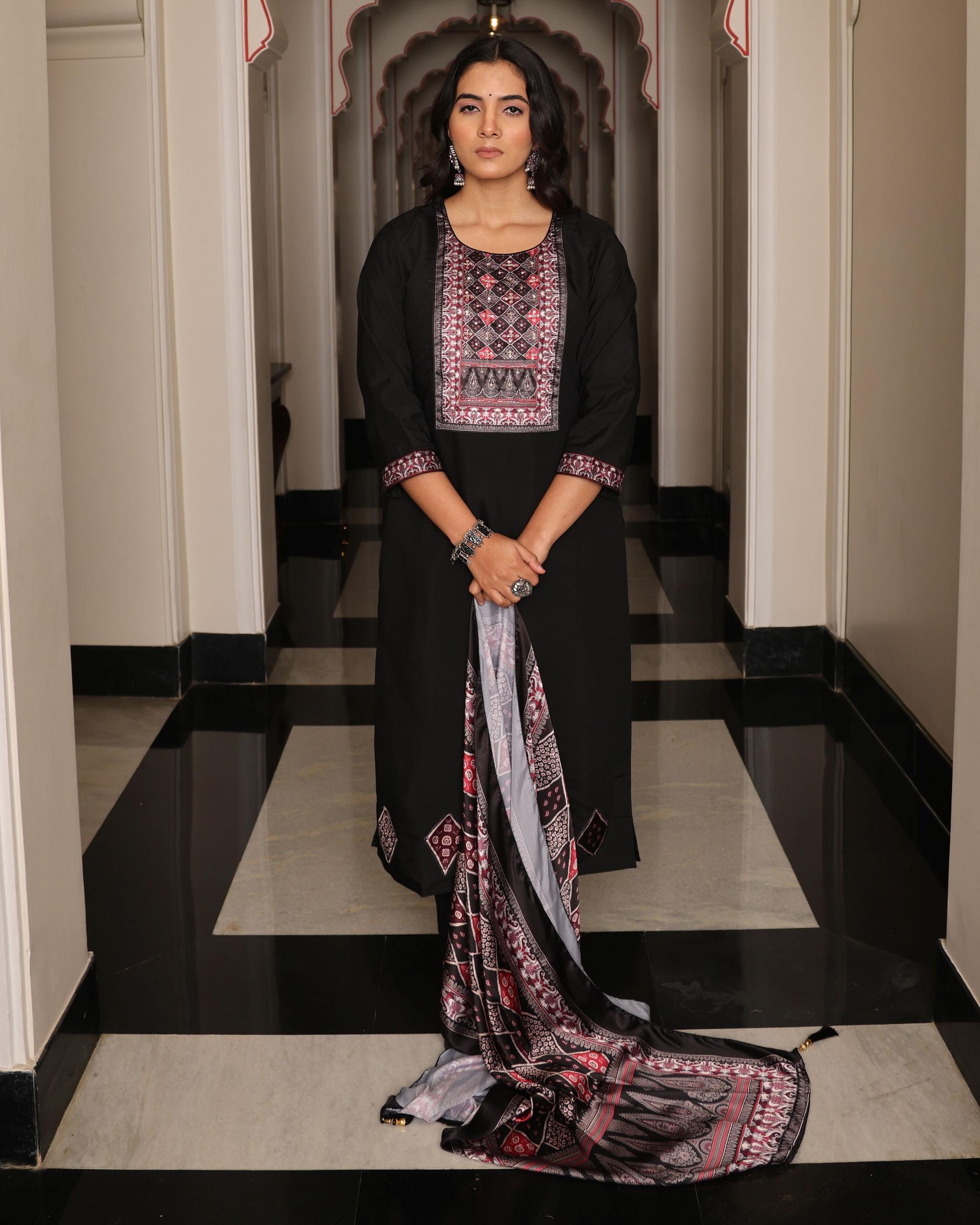 Black Viscose Shimmer Embroidered Readymade Suit