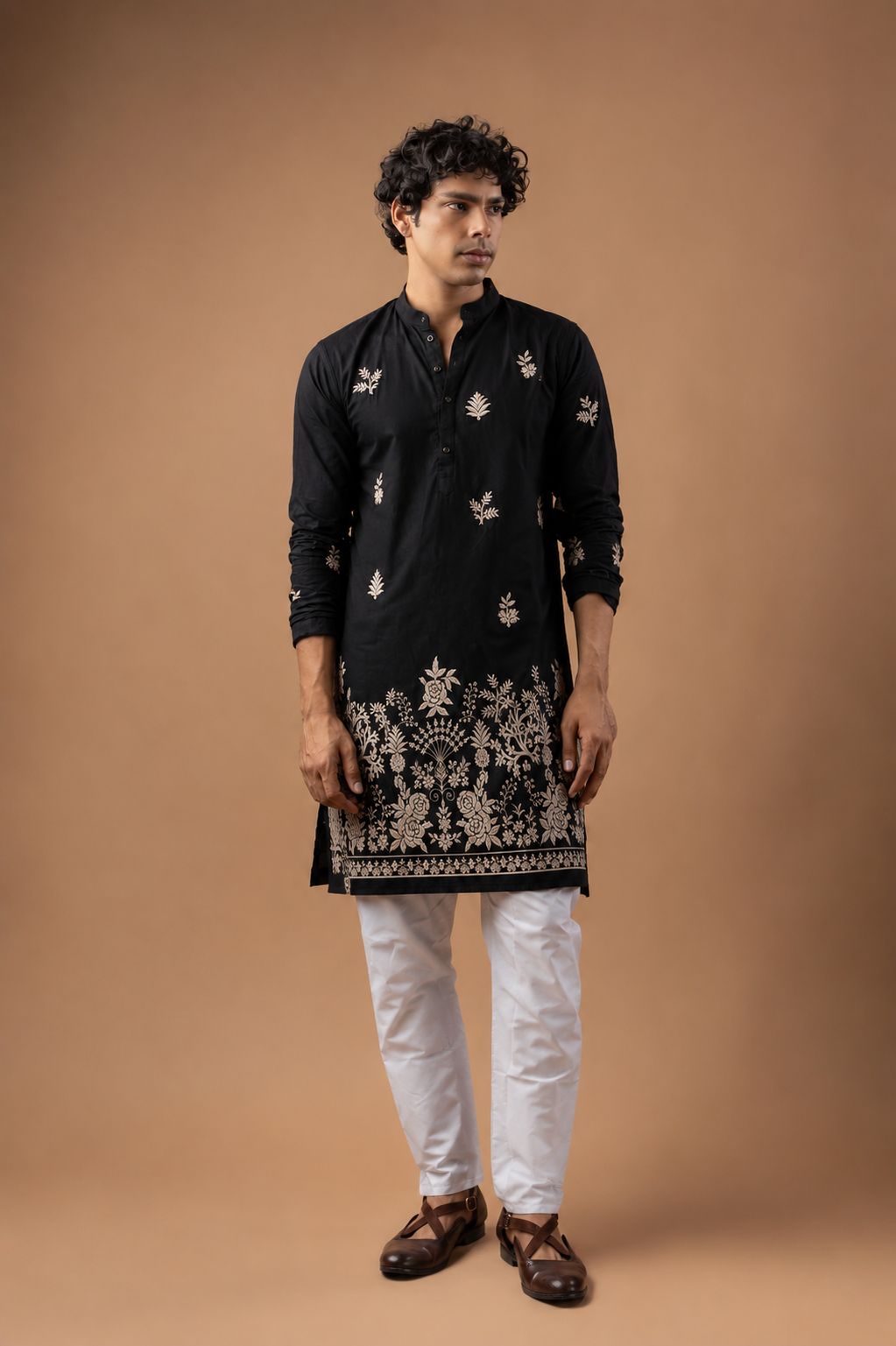 Black Viscose Silk Geometric Kurta Pyjama