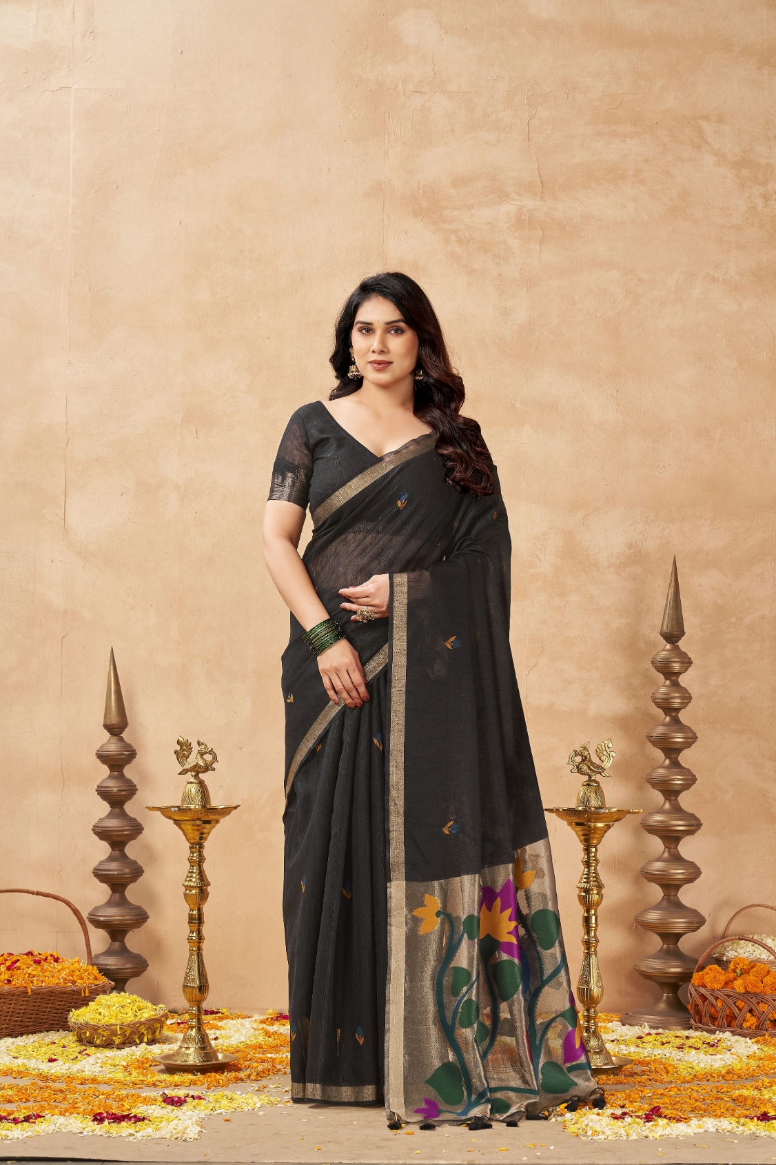 Black Weaving Zari Designer Linen Silk Saree