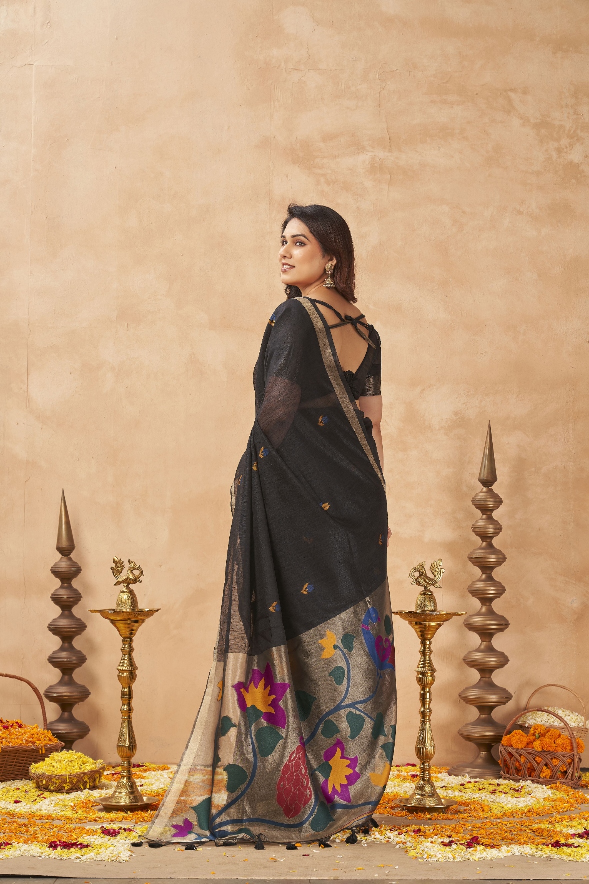Black Weaving Zari Designer Linen Silk Saree — alternate view