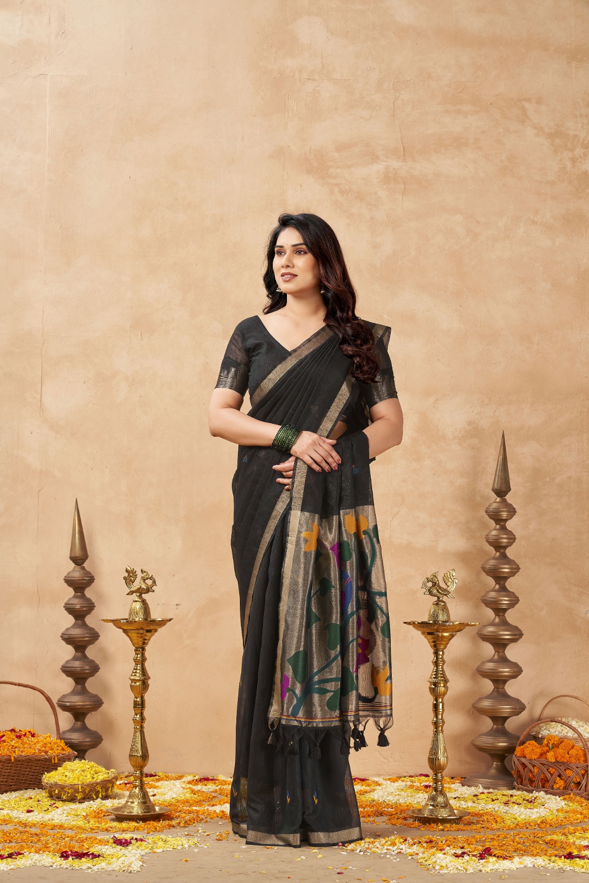 Black Weaving Zari Designer Linen Silk Saree
