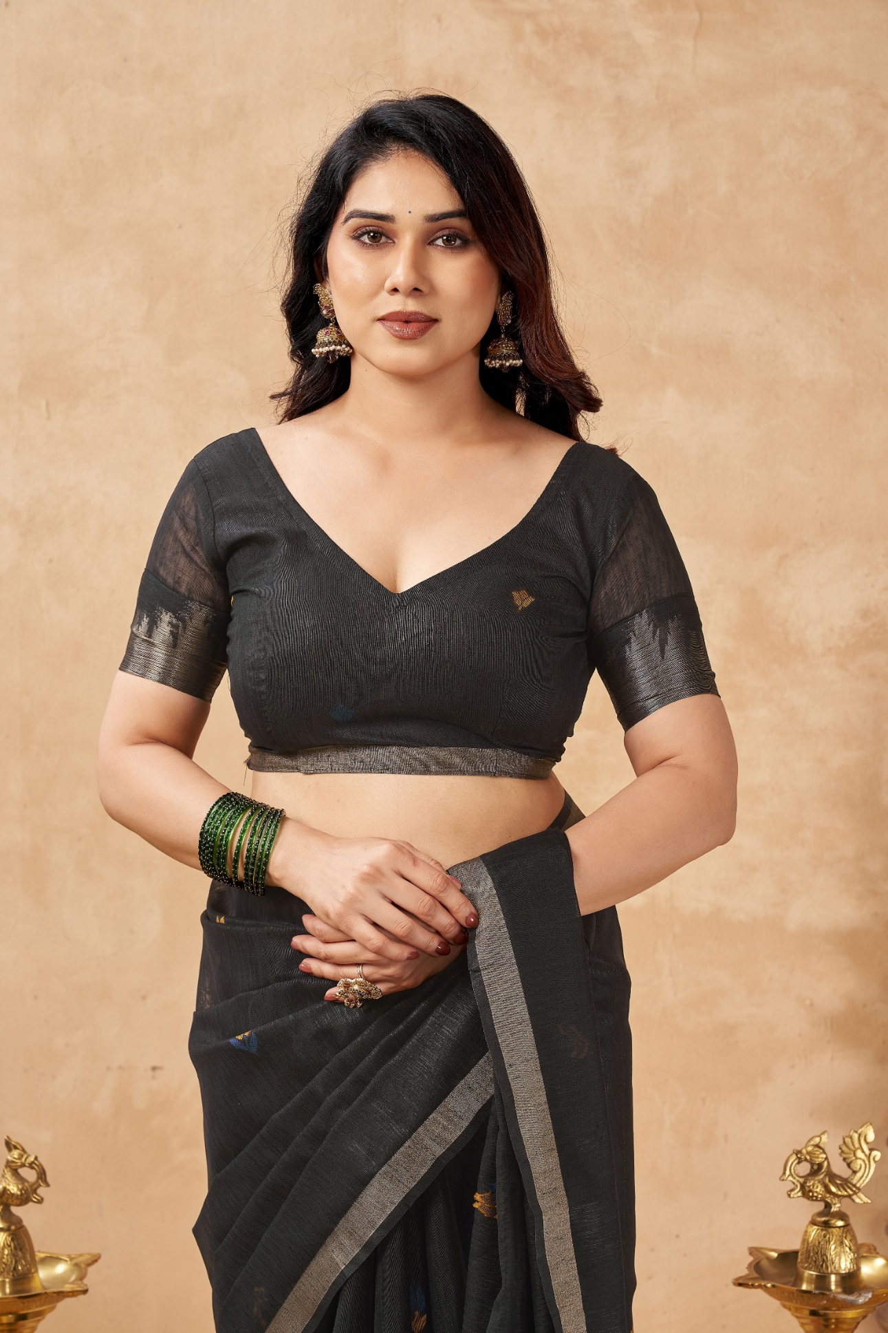 Black Weaving Zari Designer Linen Silk Saree