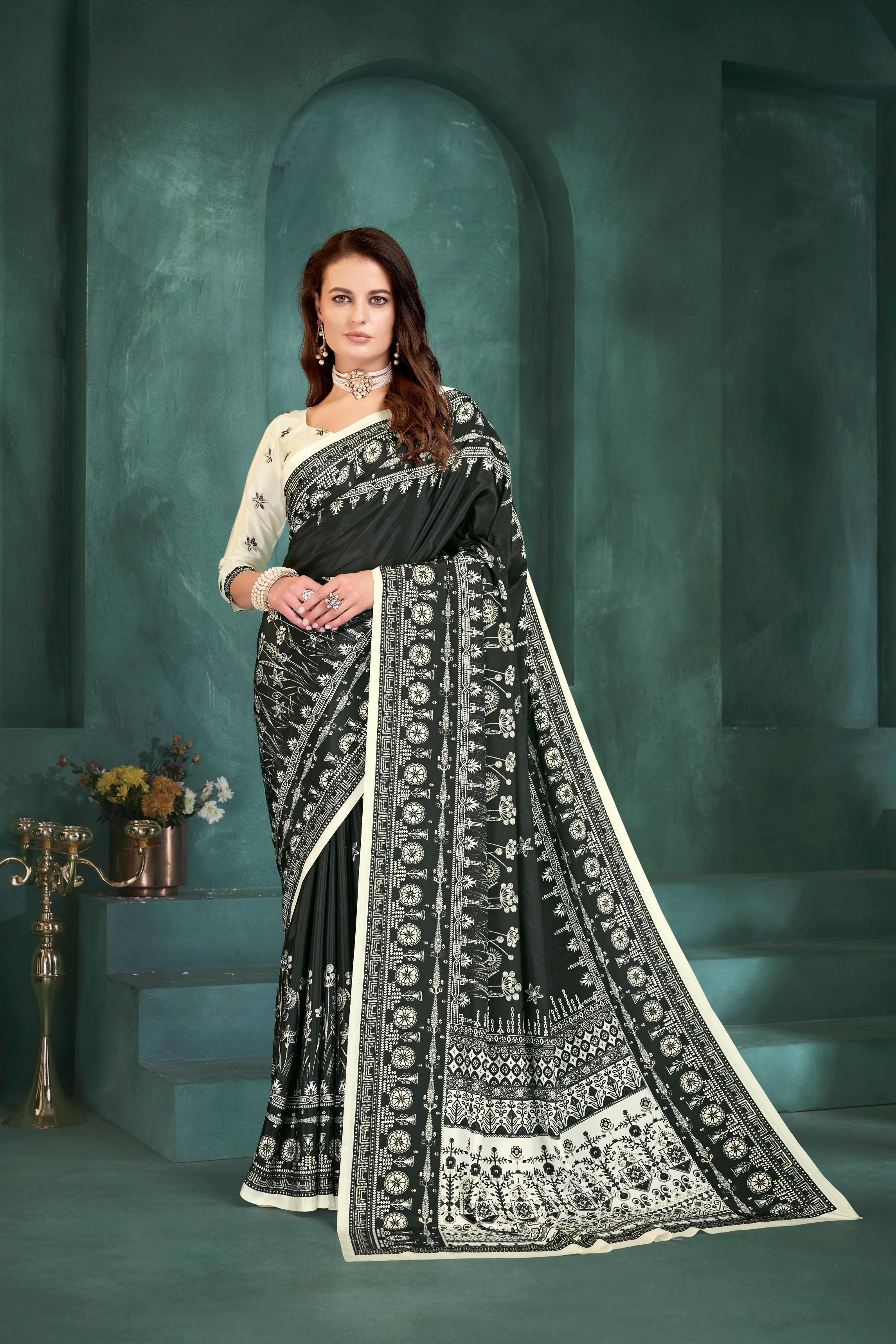 Black White Digital Foil Printed Crepe Silk