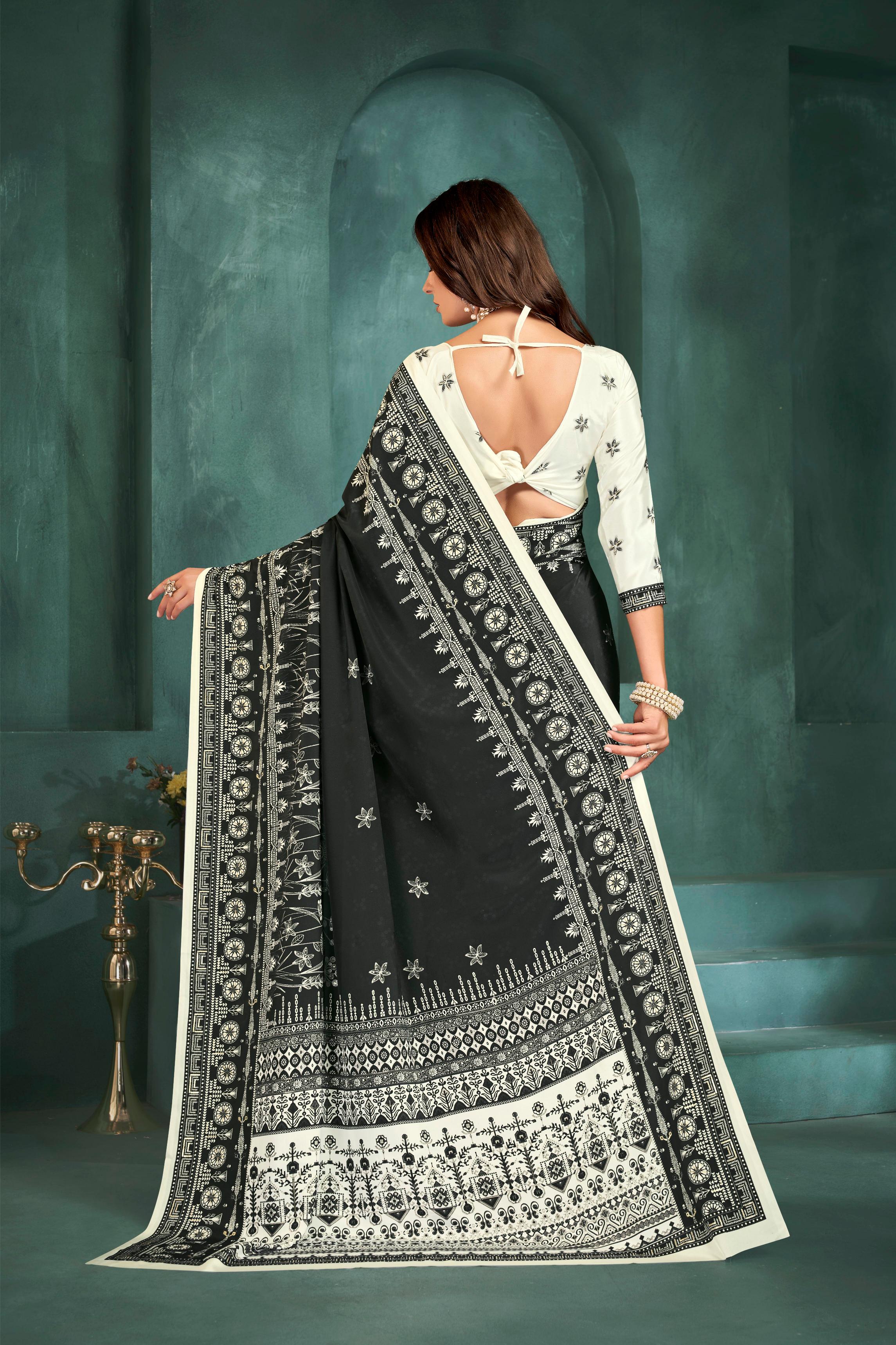 Black White Digital Foil Printed Crepe Silk — alternate view