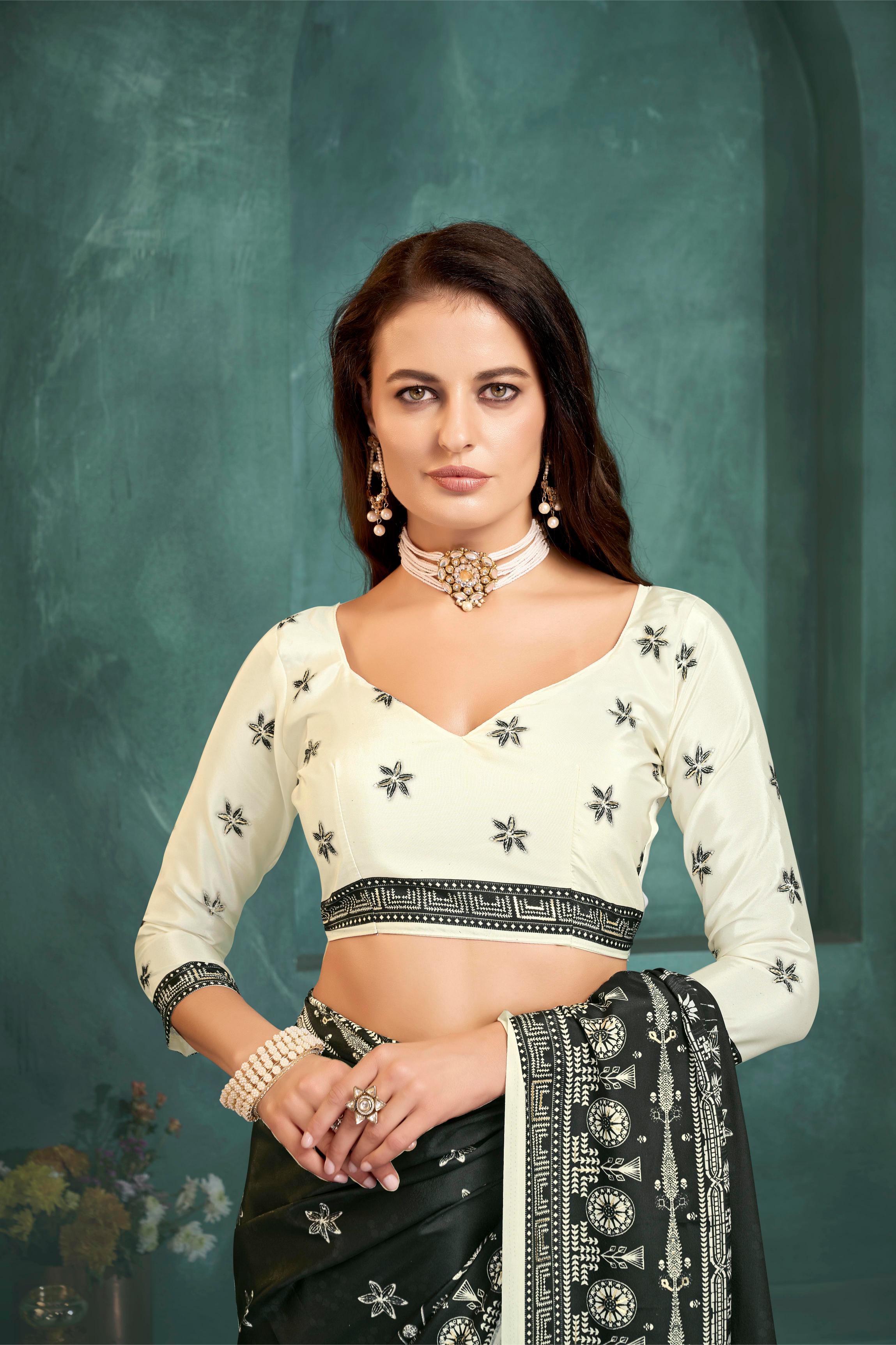 Black White Digital Foil Printed Crepe Silk