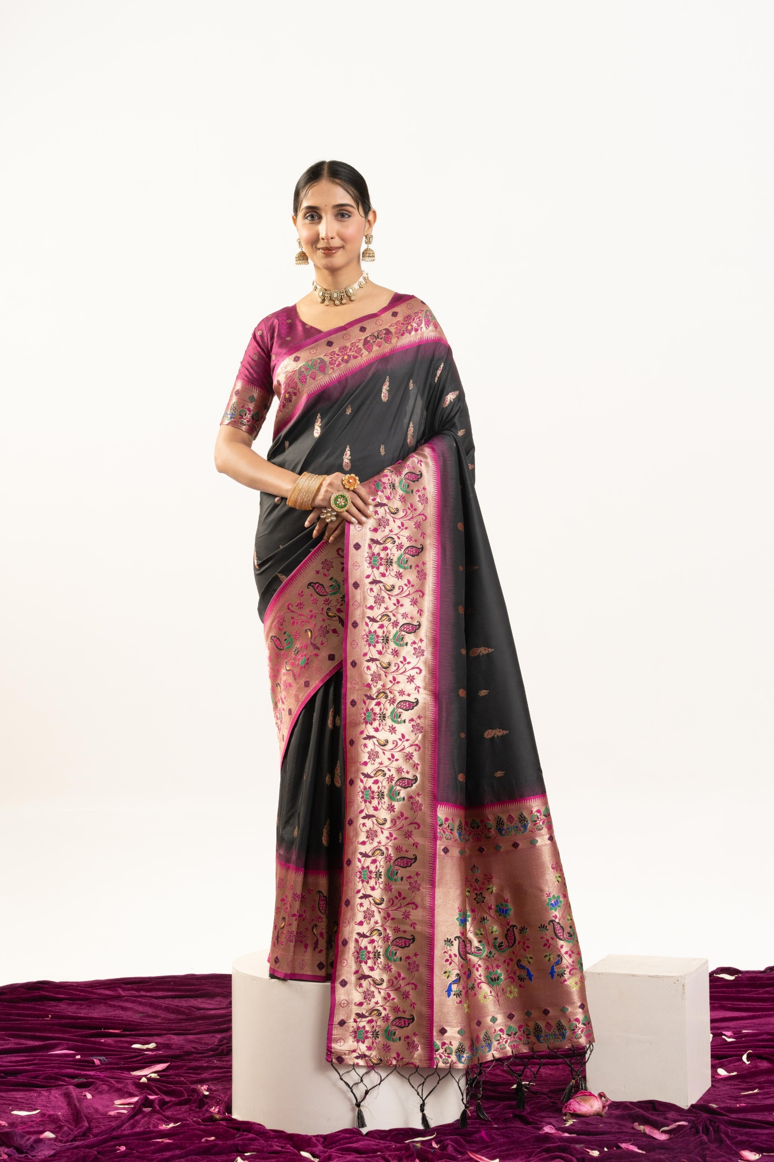 Black Wine Paithani Woven Banarasi Silk Saree