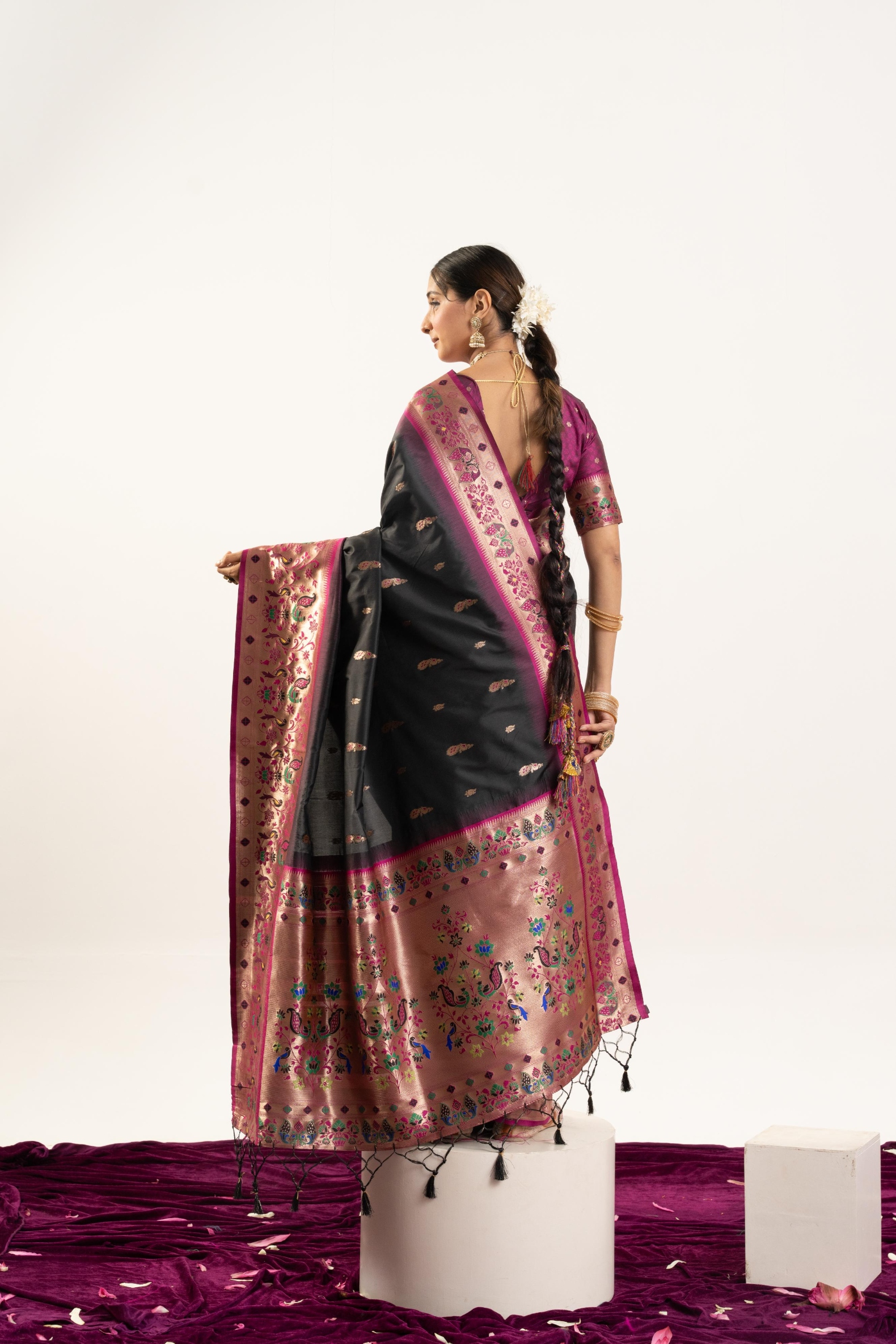 Black Wine Paithani Woven Banarasi Silk Saree — alternate view