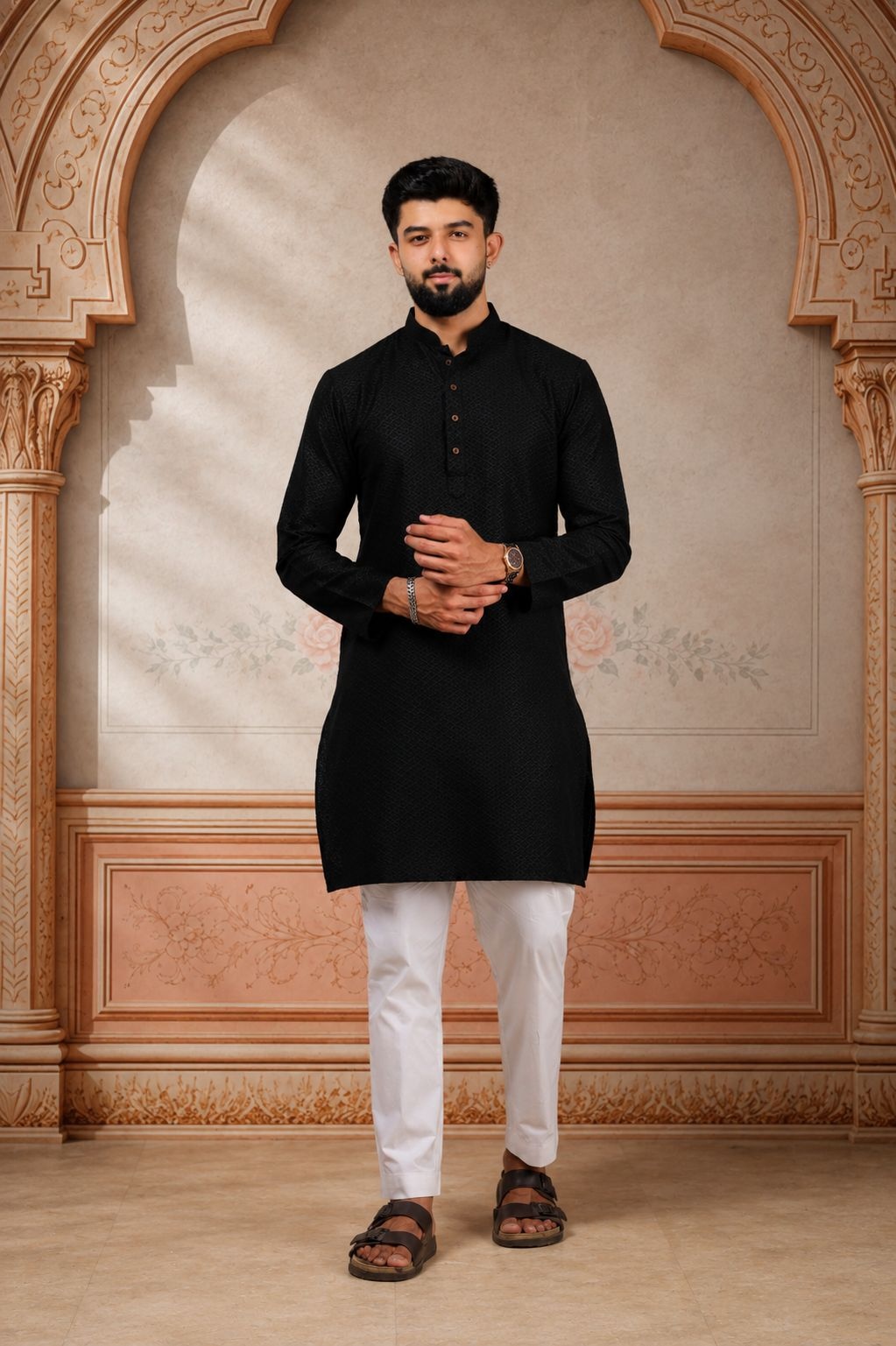 Black Woven Cotton Kurta Pyjama