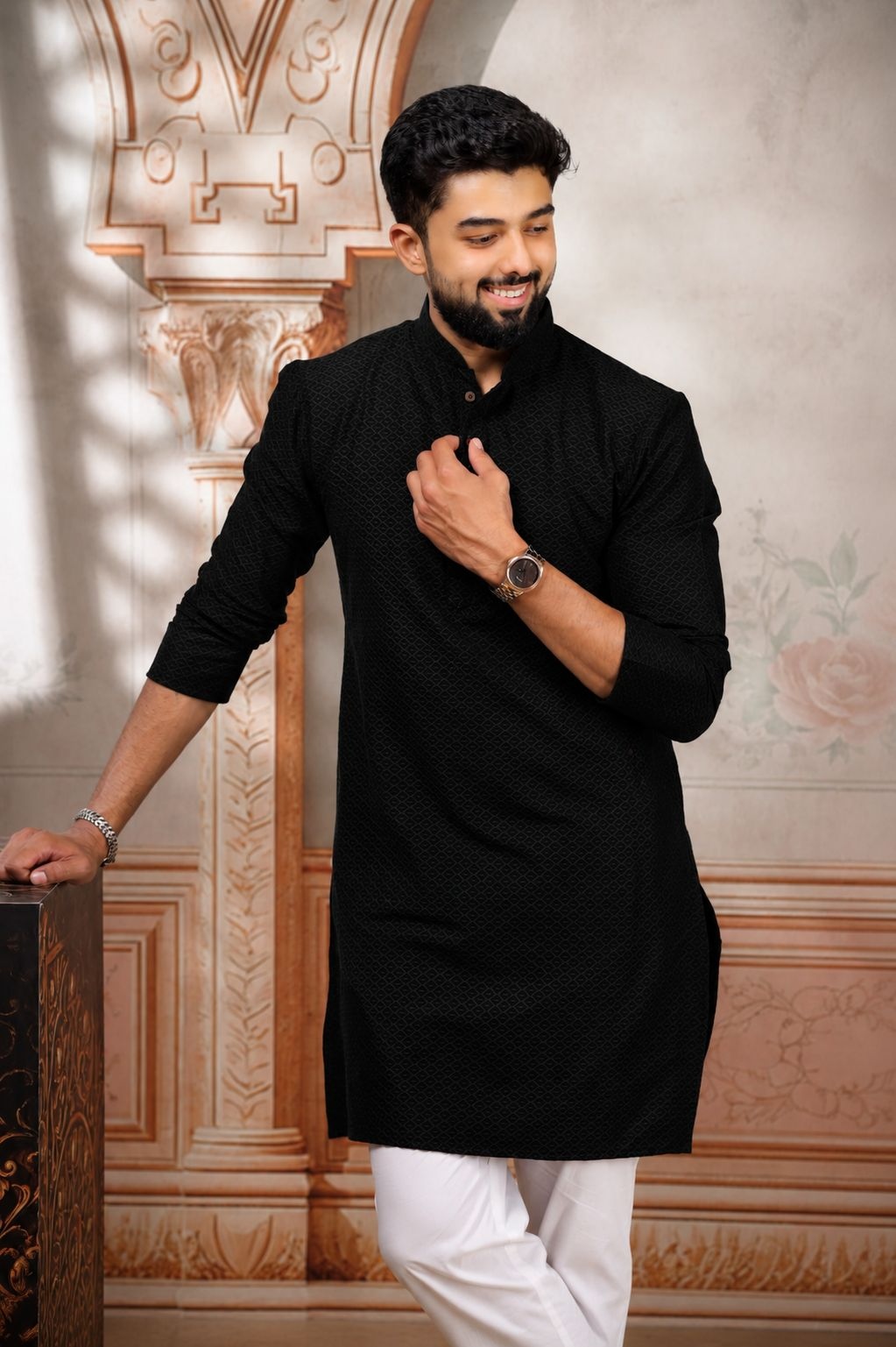 Black Woven Cotton Kurta Pyjama