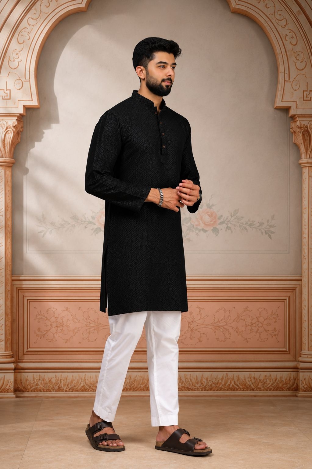 Black Woven Cotton Kurta Pyjama