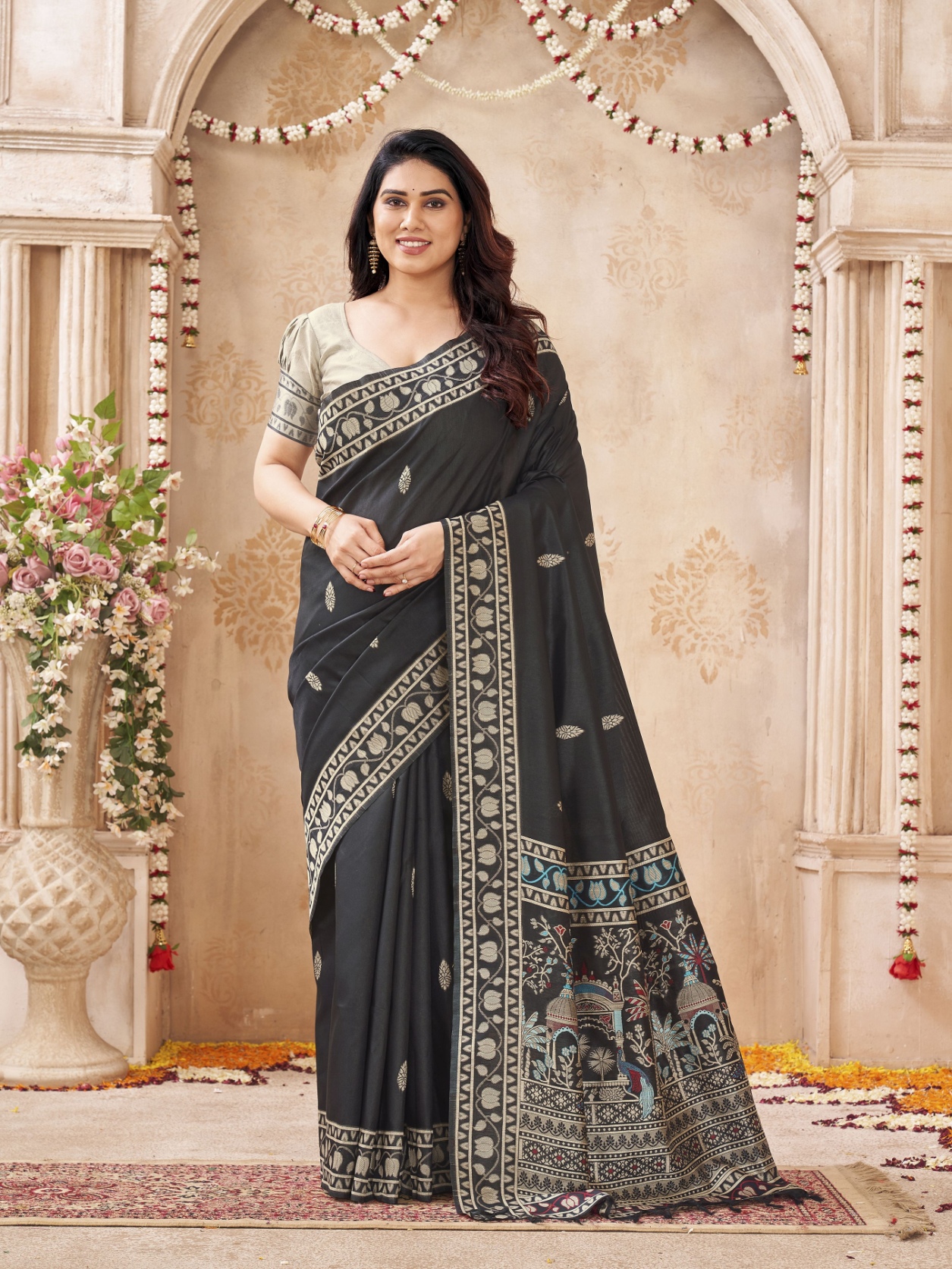 Black Woven Designer Handloom Raw Silk Saree