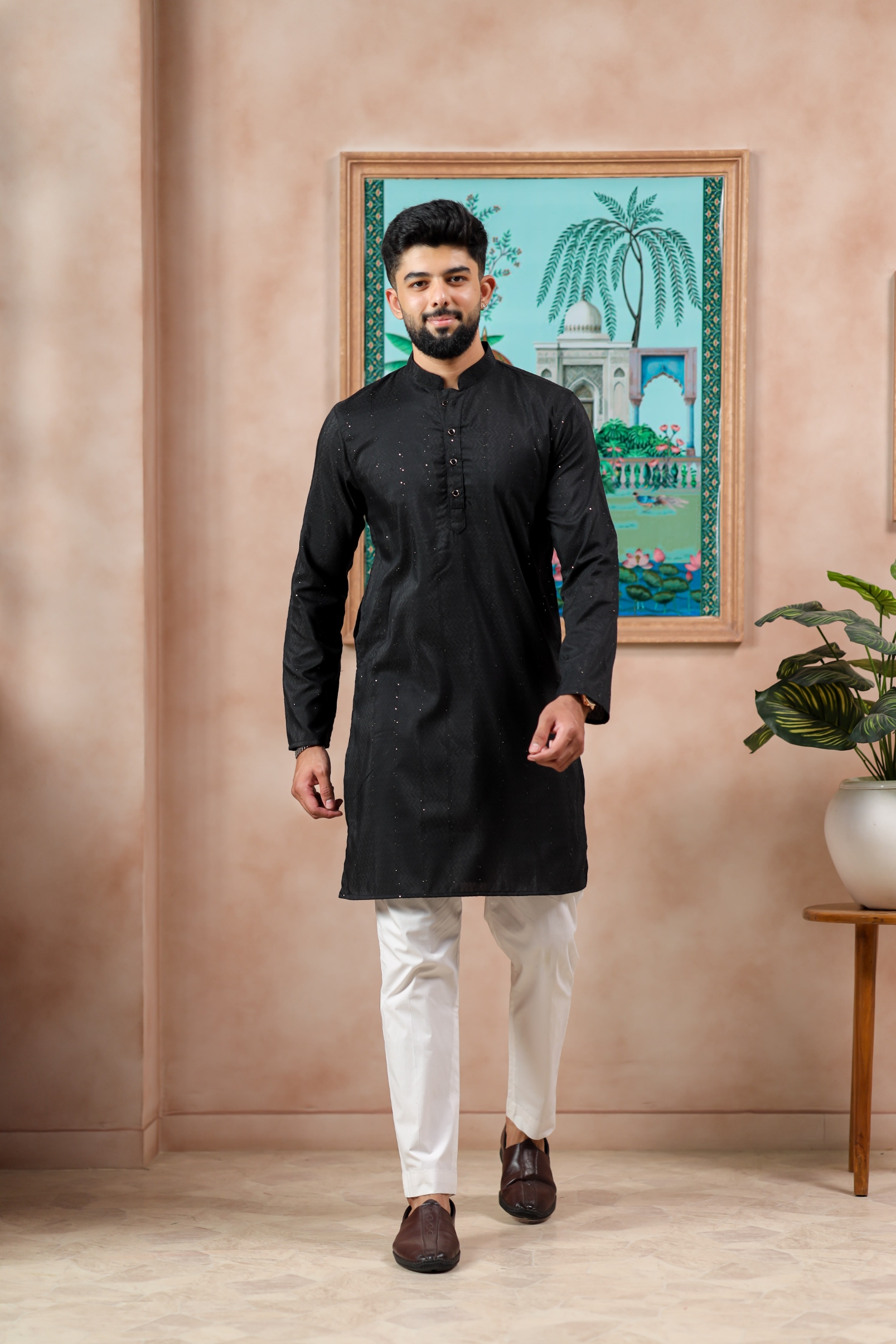 Black Woven Dobby Designer Cotton Kurta Pyjama