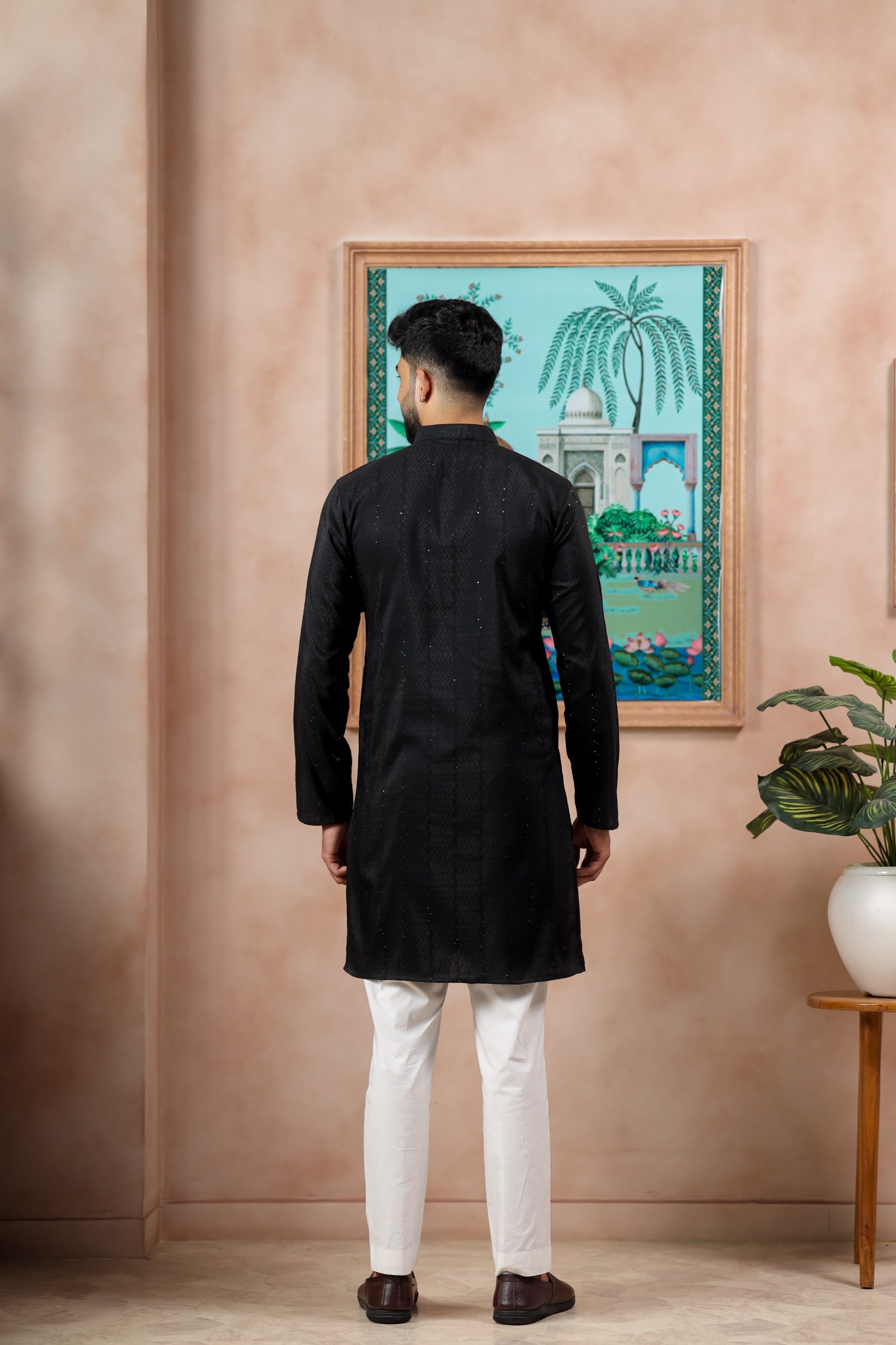 Black Woven Dobby Designer Cotton Kurta Pyjama — alternate view