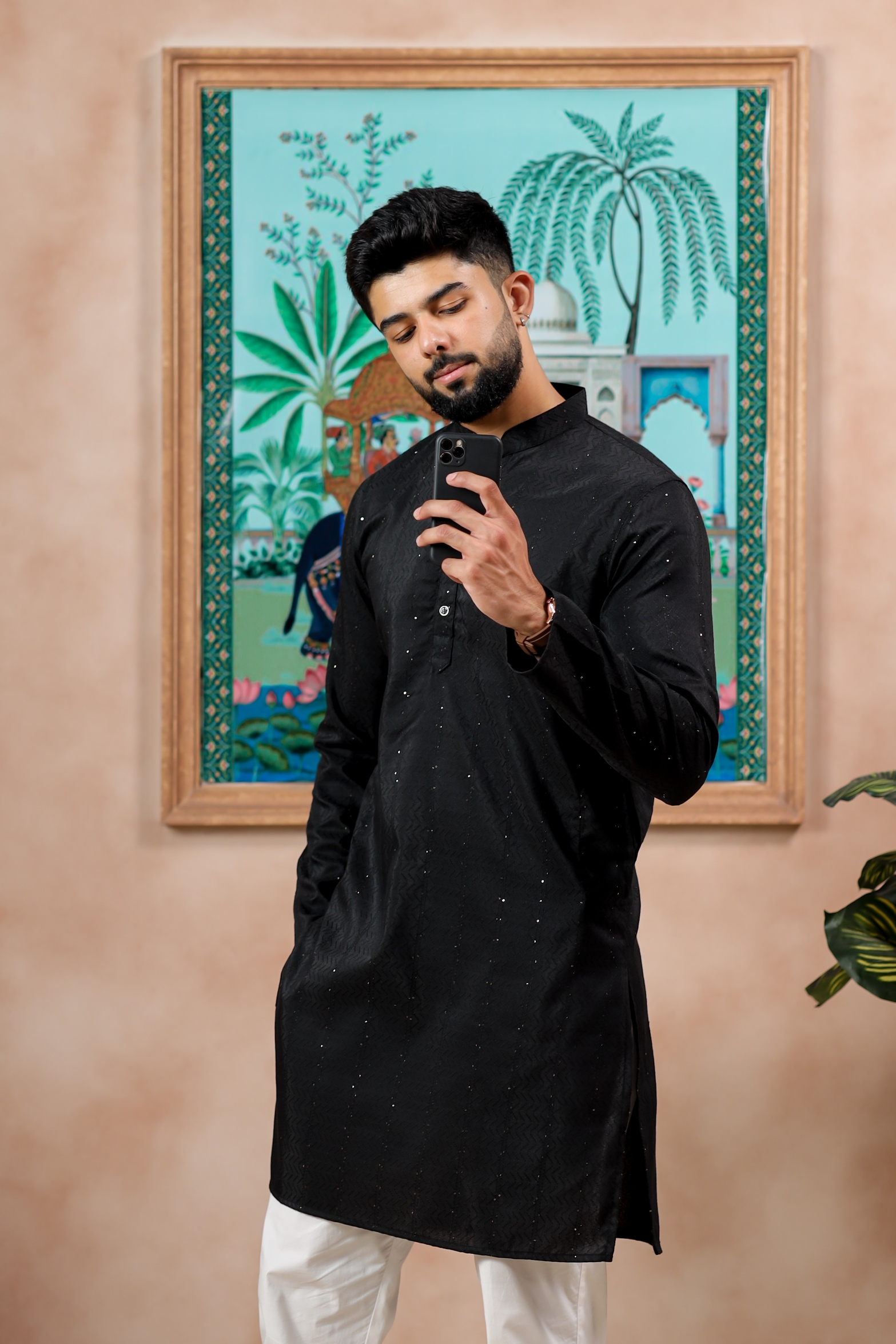 Black Woven Dobby Designer Cotton Kurta Pyjama