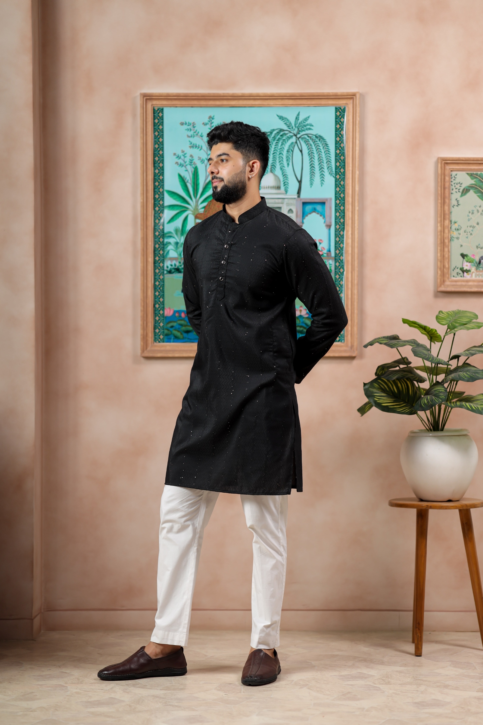 Black Woven Dobby Designer Cotton Kurta Pyjama