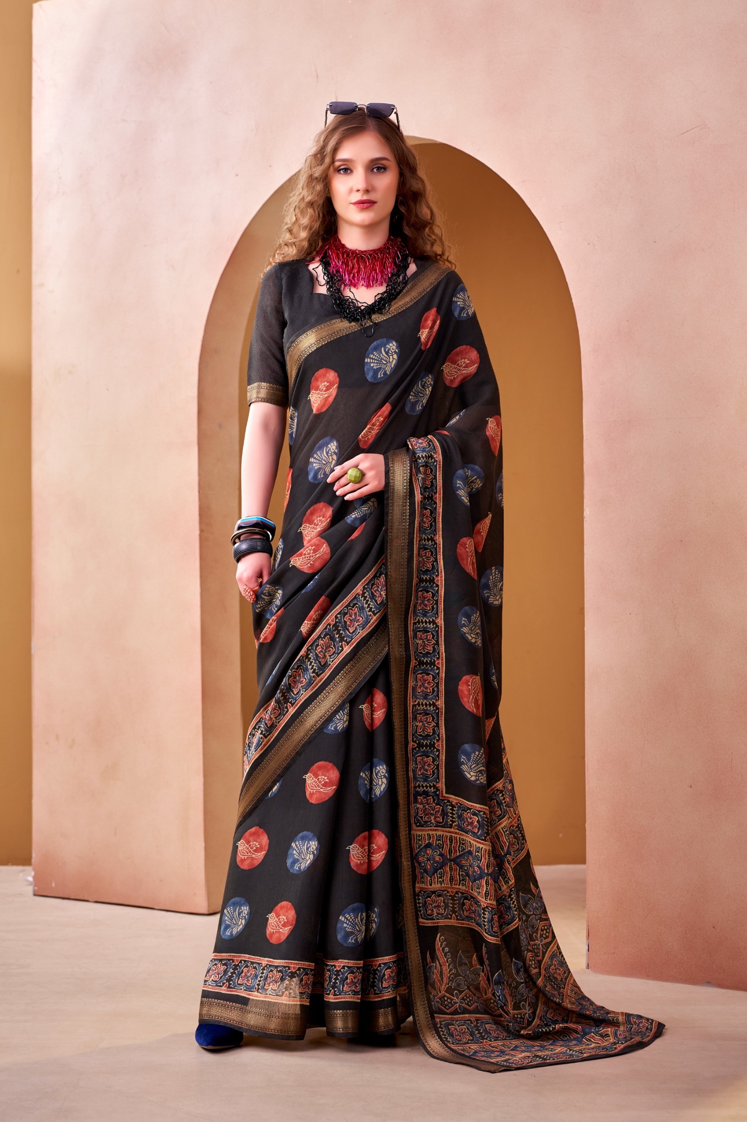 Black Woven Printed Chanderi Saree