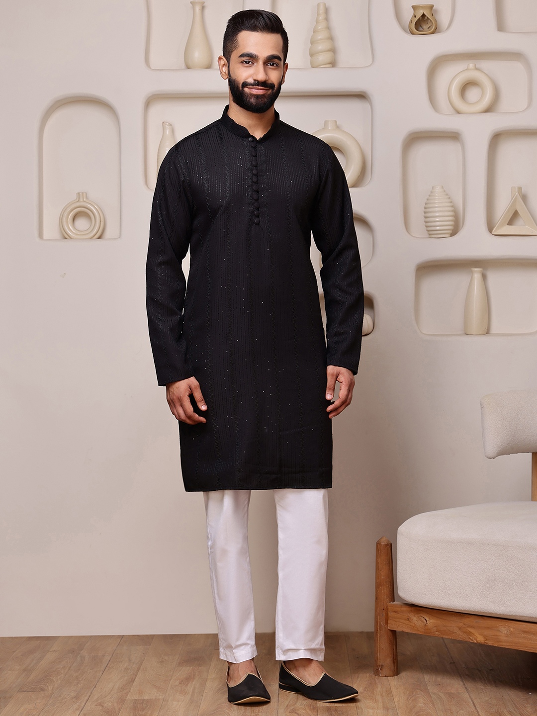 Black Woven Sequence Embroidery Cotton Blend Kurta Pyjama