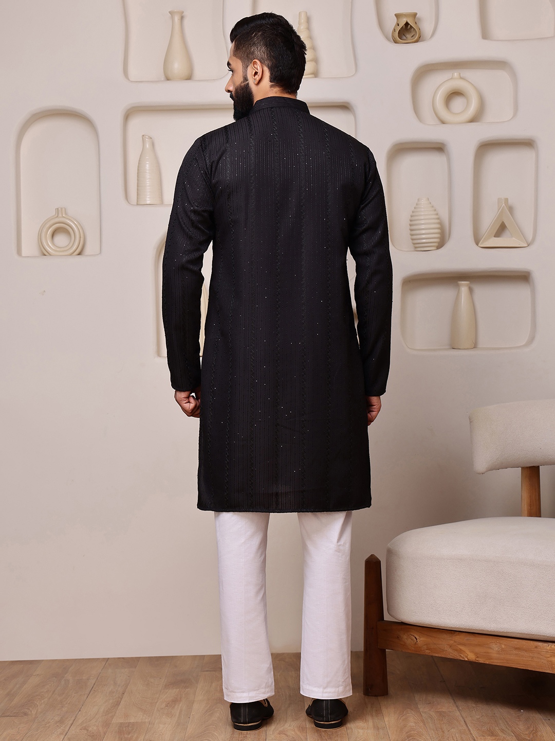 Black Woven Sequence Embroidery Cotton Blend Kurta Pyjama — alternate view