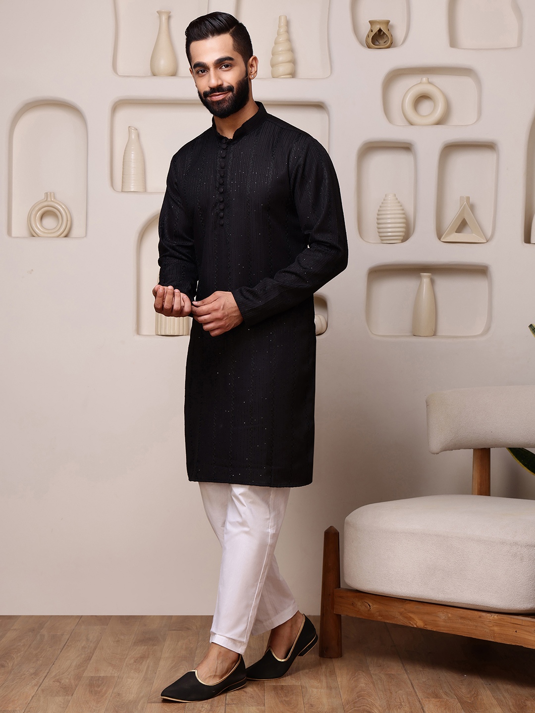 Black Woven Sequence Embroidery Cotton Blend Kurta Pyjama