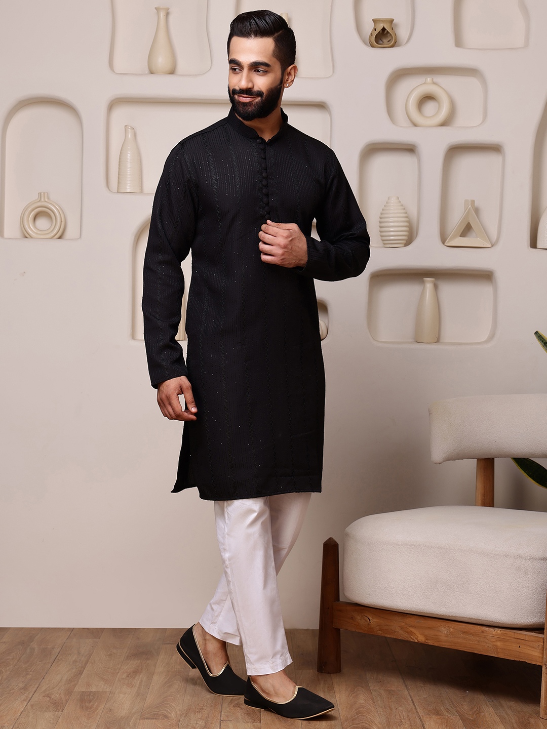 Black Woven Sequence Embroidery Cotton Blend Kurta Pyjama